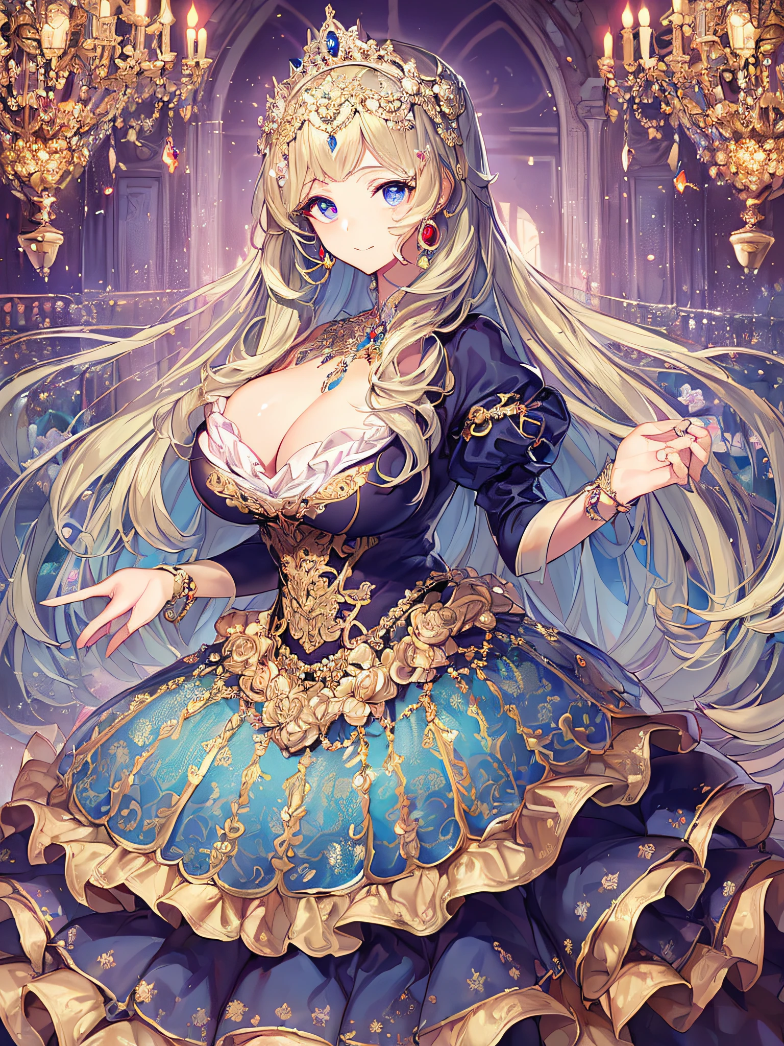 ((anime artstyle)),(Masterpiece),(Best Quality), (Super Detail),((Very Delicate and Beautiful)),(((Solo))),((full body portrait)),(((1 princess in gorgeous rococo princess ballgown with voluminous full length hoop skirt))),((crinoline)),Long train,((standing in garden)),(gorgeous gemstone jewelry),detailed face and eyes,jewel-like eyes,((large amount of straight hair,extremely voluminous Hair,Very Long Straight Hair)),((gigantic tits,Long tits)),cleavage,extremely gorgeousfull hair ornament,((bling-bling extremely gorgeousfull jeweled tiara)),((Dynamic Angle)),Looking at viewer,,flowers,flower petals flowing,(((gorgeous rococo princess ballgown with voluminous full length hoop skirt)))