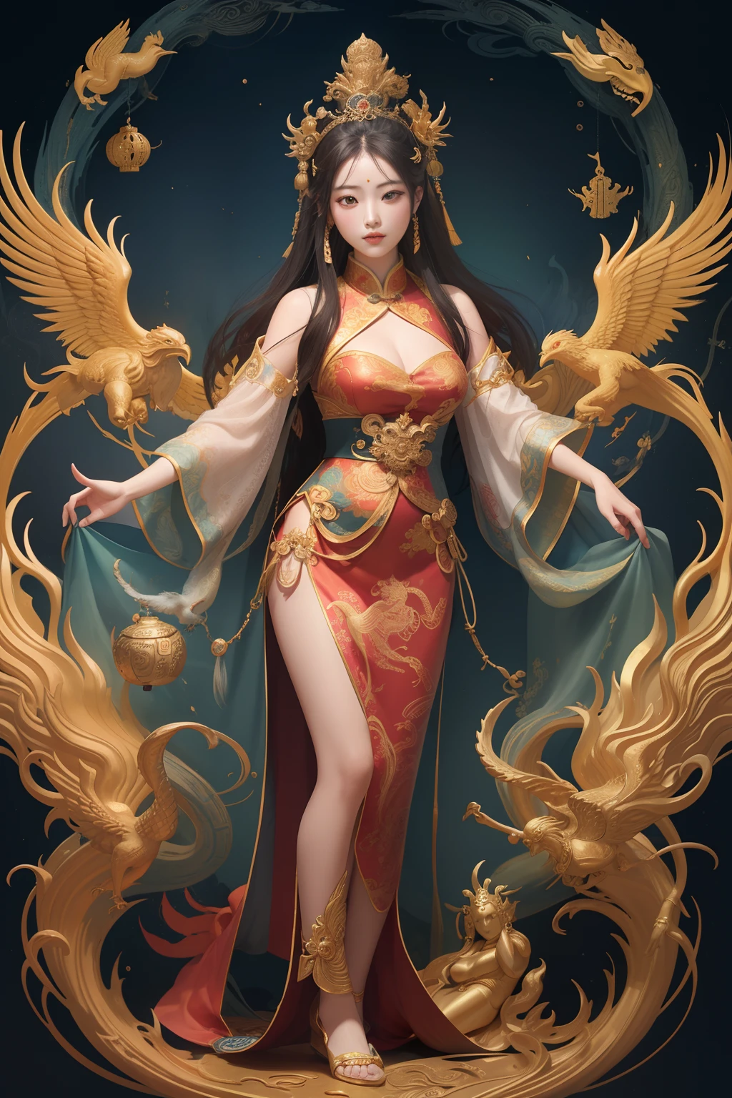 an ancient Chinese goddess, guanyin of the southern seas, Guanyin, Inspired by China, Avalokiteshvara rides a phoenix,,Serene expression,shui mo hua,Buddha,Buddhist,Lotus,Chinese painting style,Thangka style