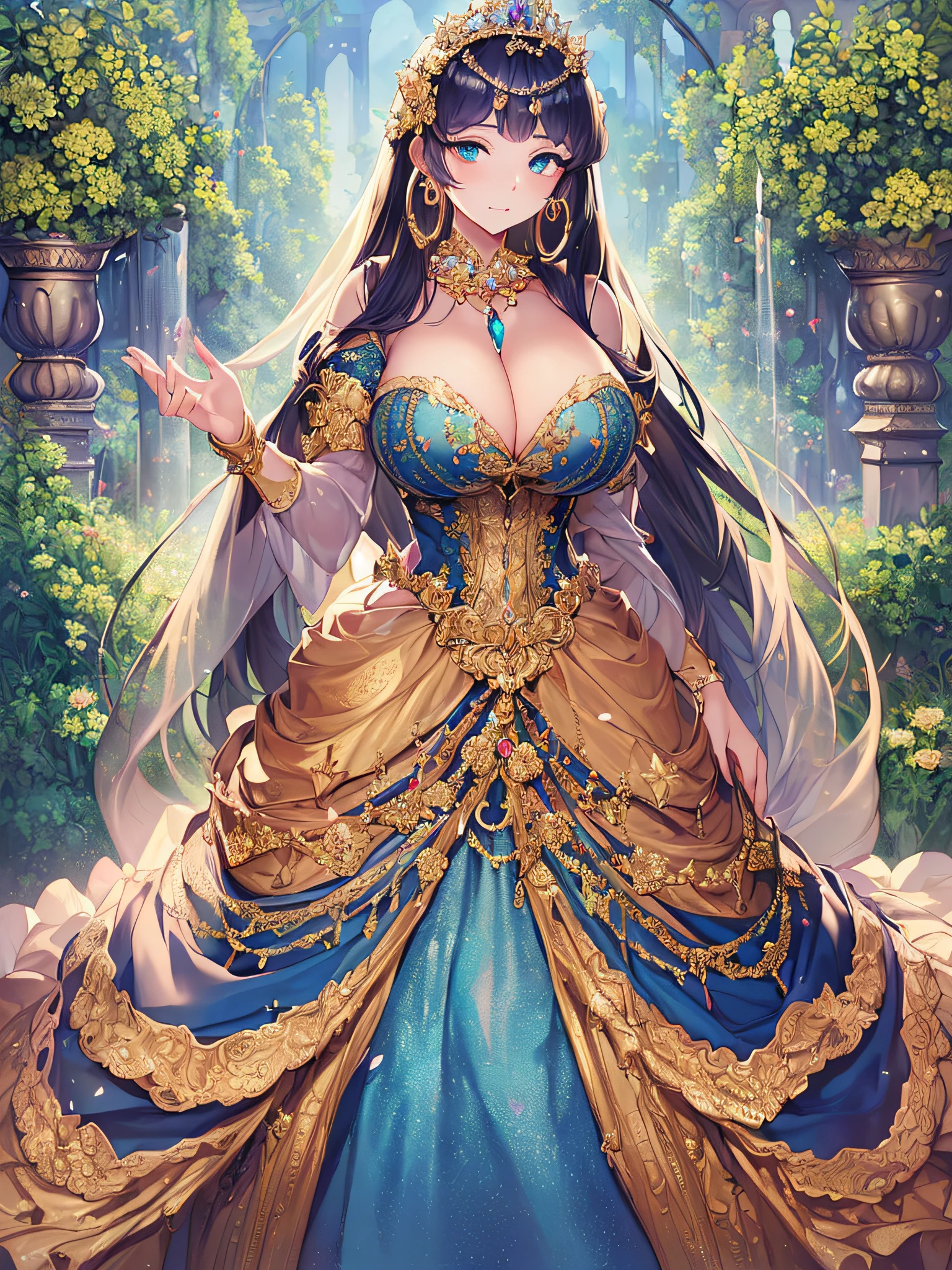 ((anime artstyle)),(Masterpiece),(Best Quality), (Super Detail),((Very Delicate and Beautiful)),(((Solo))),((full body portrait)),(((1 princess in gorgeous rococo princess ballgown with voluminous full length hoop skirt))),((crinoline)),Long train,((standing in garden)),(gorgeous gemstone jewelry),detailed face and eyes,jewel-like eyes,((large amount of straight hair,extremely voluminous Hair,Very Long Straight Hair)),((gigantic tits,Long tits)),cleavage,extremely gorgeousfull hair ornament,((bling-bling extremely gorgeousfull jeweled tiara)),((Dynamic Angle)),Looking at viewer,,flowers,flower petals flowing,(((gorgeous rococo princess ballgown with voluminous full length hoop skirt)))
