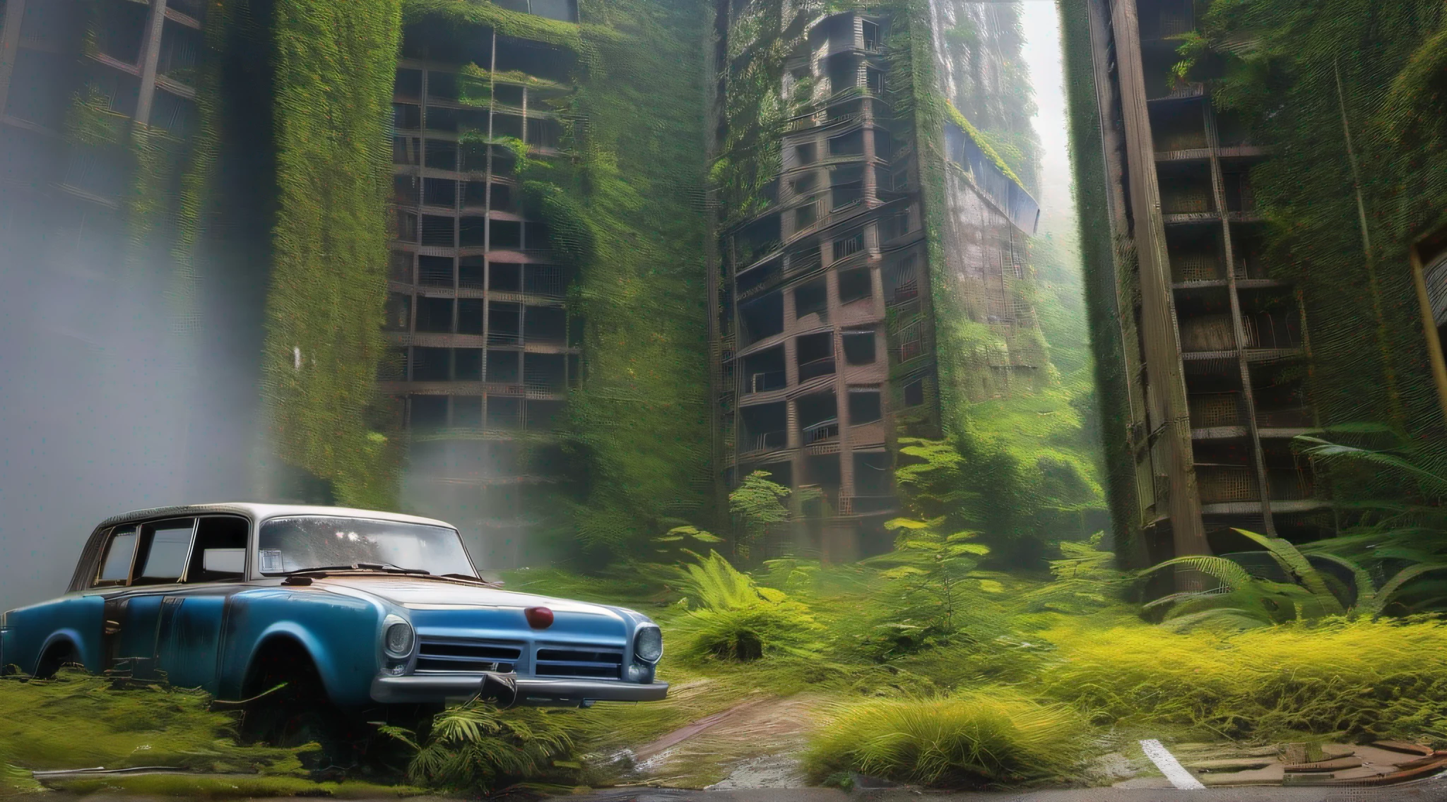Forgotten skyscrapers swallowed up by the jungle、城市、Wagas、Abandoned car with missing tires、Masterpiece