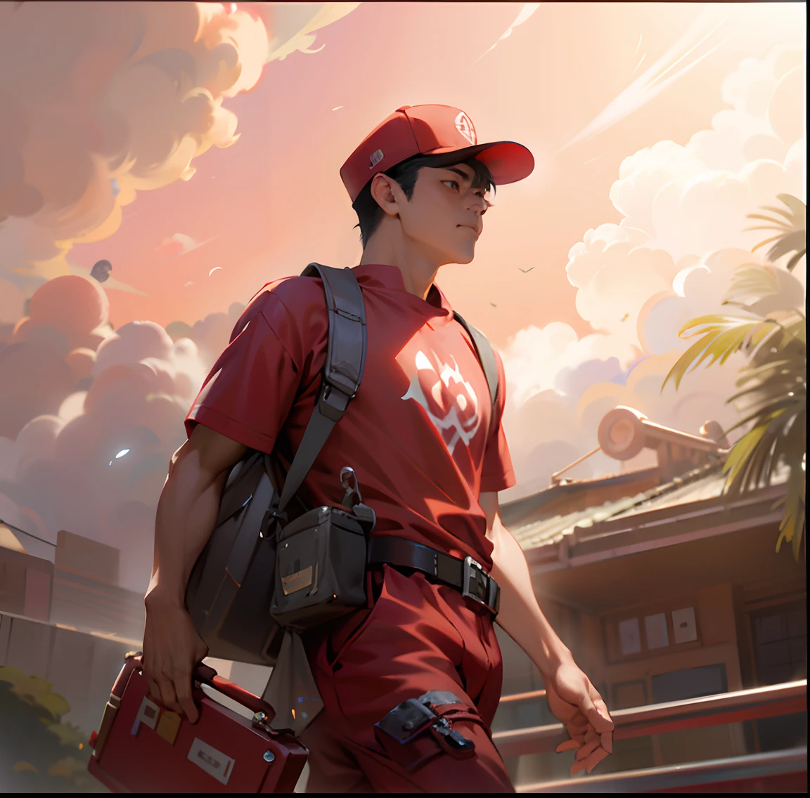 Arad man in a red shirt,Carrying a red briefcase and backpack, Ross Tran 8 K, rob rey and kentaro miura style, inspired by Rudy Siswanto, ross tran and bayard wu, wojtek fus, sakimi, Ross Tran style, john park, inspired by Jeremy Chong, tithi luadthong, senior concept artist --auto