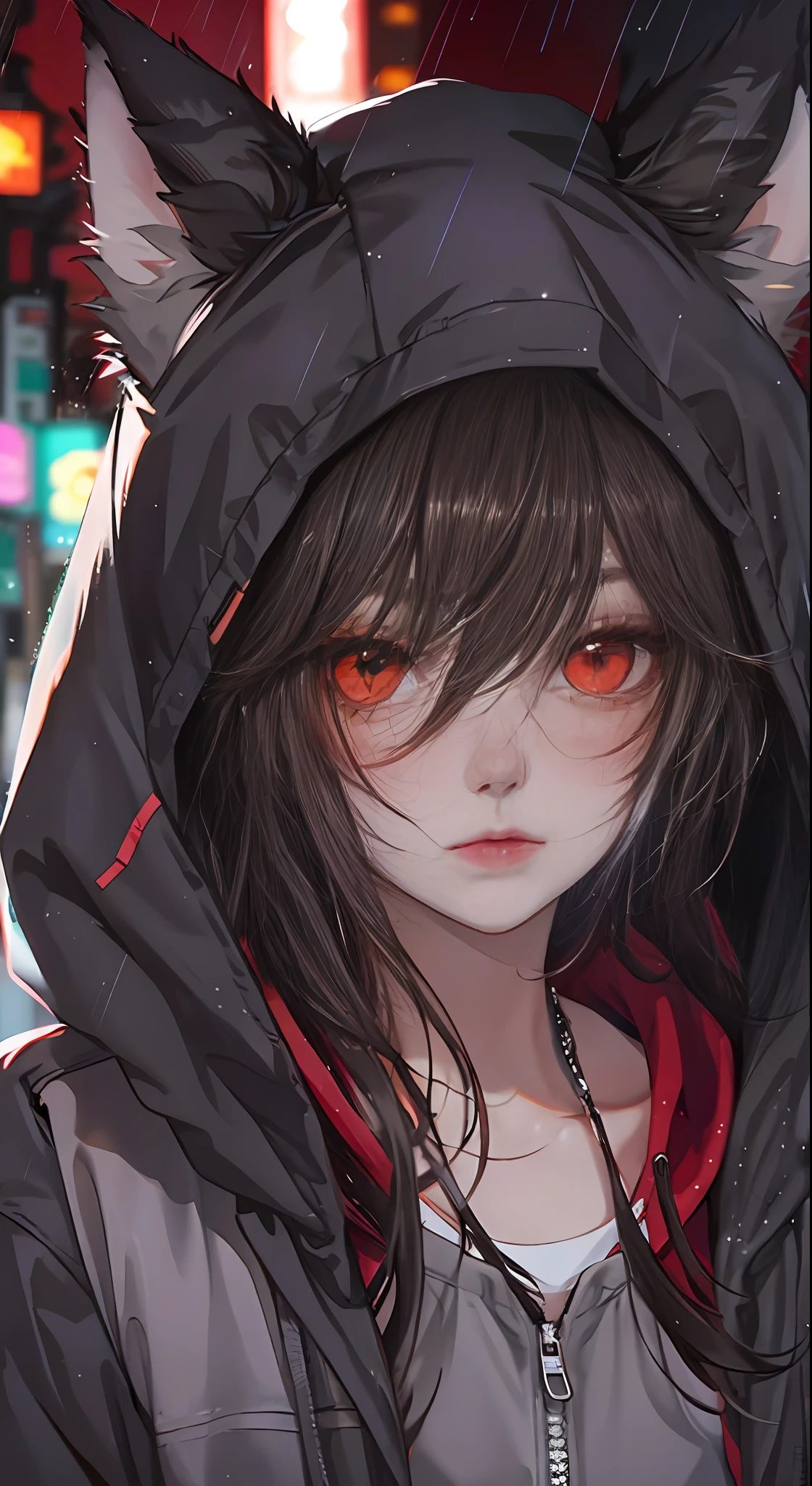 Glowing red eyes, brunette color hair, Black hoodie, Wolf ears, Wolf tail, Rainy day city background, Heavy atmosphere, closeup view，White-colored skin