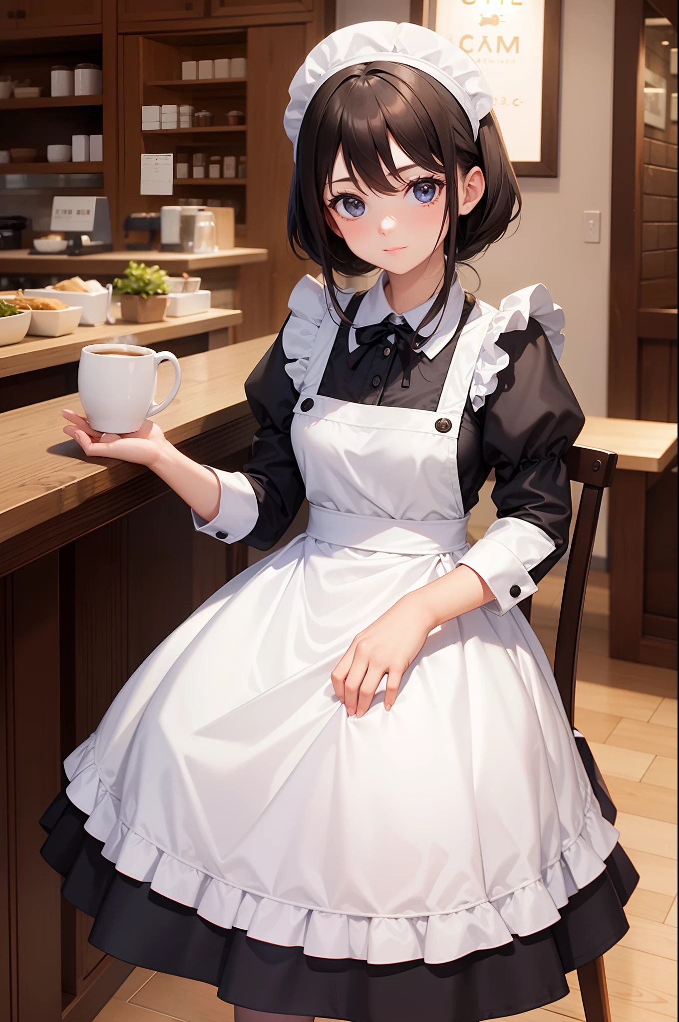 girl with maid outfit, cafe, coffee mug