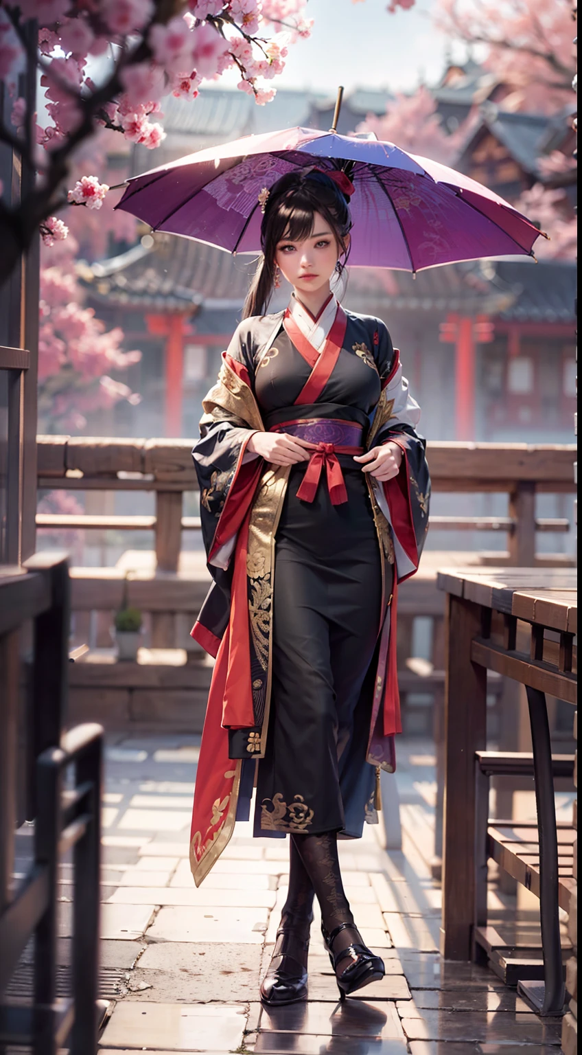 Ancient Chinese architecture,National style beautiful girl,Wear revealing Hanfu,Simple clothing, Minimalist style,Mixed Chinese and American races,The background is blurred out,focal,电影灯光,(((tmasterpiece))), ((best qualtiy)), ((Complex and detailed)), ((ultra-realistic realism)), Ridiculous resolution, A MILF, Mature woman, ssee-through, highly detailed, illustratio, 1girll, (mediuml breasts), Thin waist and thick hips,long leges,beatiful detailed eyes, short detailed hair, brunette color hair, a purple eye, blackstockings,Lace clothing,Skirt that wraps hips,tightsuit,Chest bulge,with faintly visible,Cool clothing,Cocked buttocks,The body proportions are perfect,(No underwear),pantiess, detailed back ground, perfect eyes, Seductive eye, (nice hand),Detail hands,looking at viewert,From the front,Wear light,juicy legs,deep v big breasts,