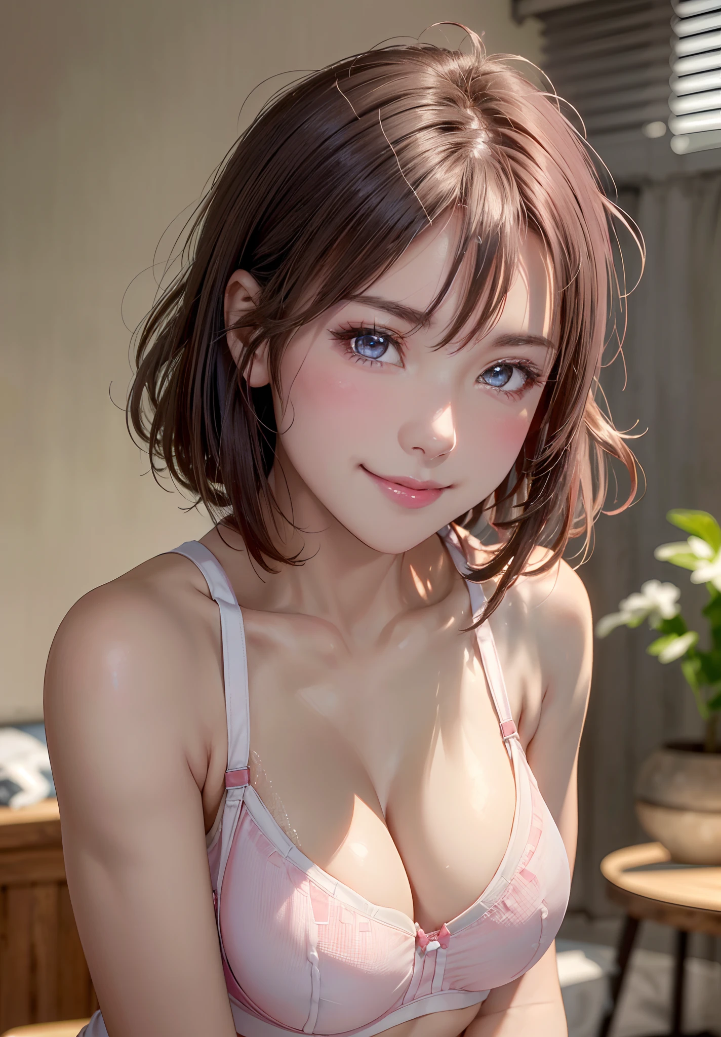 ((in 8K、Raw photography、top-quality、masterpiece)、high definition RAW color photos professional close-up photos、(realisitic、photorealisim:1.3)、(top-quality)、(Best Shadows)、(The best illustrations)、(超A high resolution、high-definition CG unified 8K wallpapers、physically-based renderingt、Cinematographic lighting)、a 25 year old girl、a short bob、(pink half-transparent sport bra:1.1)、 cleavage of the breast, Beautiful eyes, Facial light,, especially strong light, Feminine look, full of shyness, (enchanting posture, enticing,), Refreshing smile,