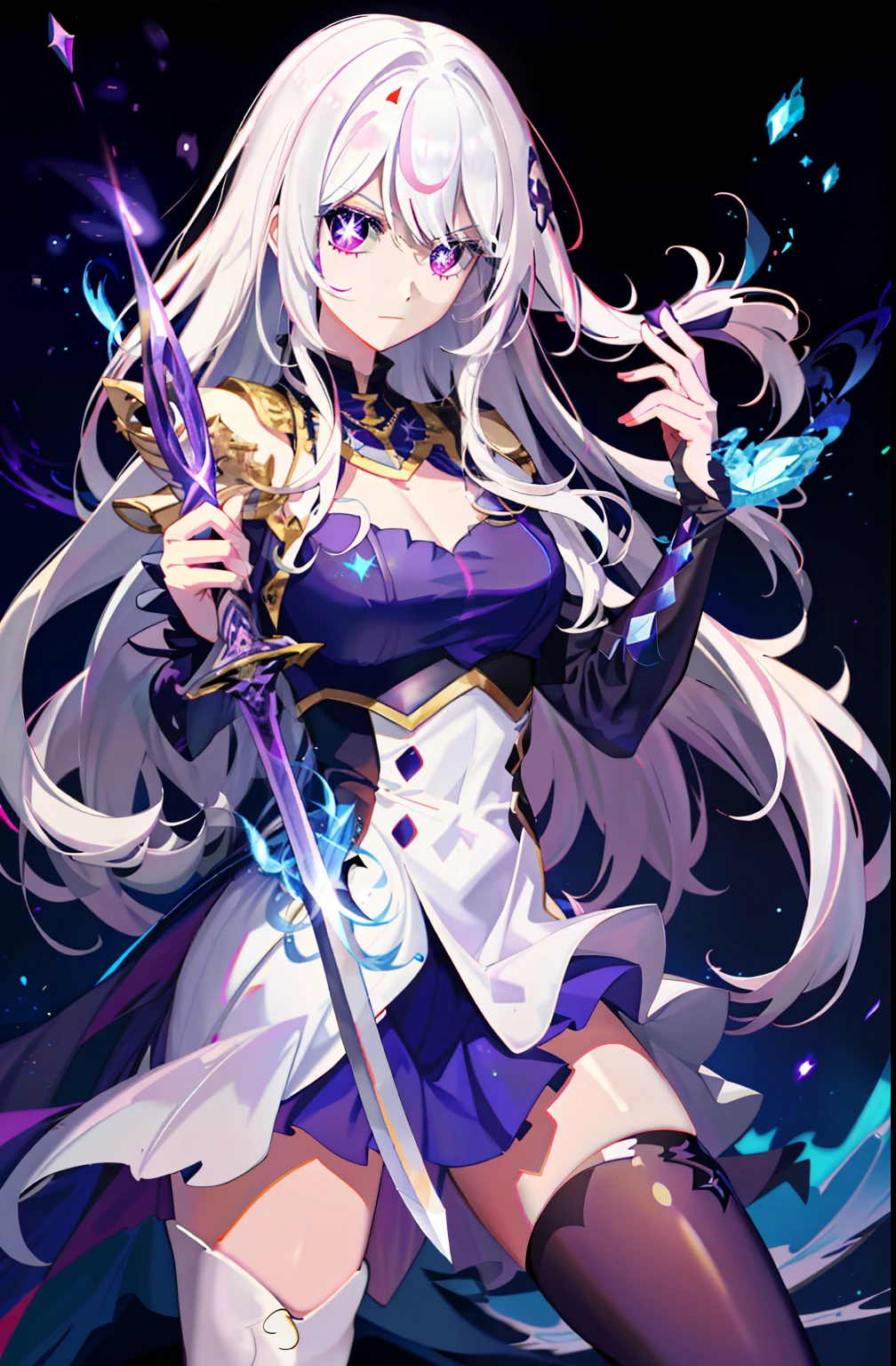 Colorful, 1 girl, White hair, Purple eyes, Sexual, double hilt, sword, hand sword, blue flame, glitters, shiny weapon, Light particles, the wallpaper, color difference,