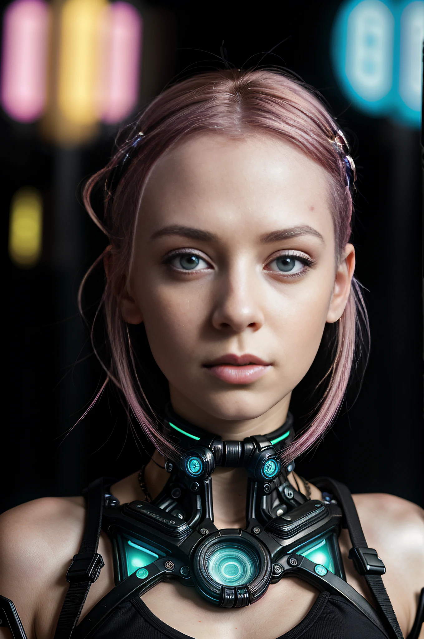 RAW photograph, masterpiece, photorealistic, full length photograph of a beautiful young cyberpunk woman, beautiful eyes, short pink colored hair in expressive style, high quality facial features, accurate facial features, pale glowing skin, topless, erotic black cyberpunk clothes, neon background (bokeh:1.2) (best quality) glowing golden skin (detailed skin:1.3) (intricate details) (8k) (HDR) (cinematic lighting) (sharp focus), erotic, rgb led, rave, V0id3nergy,