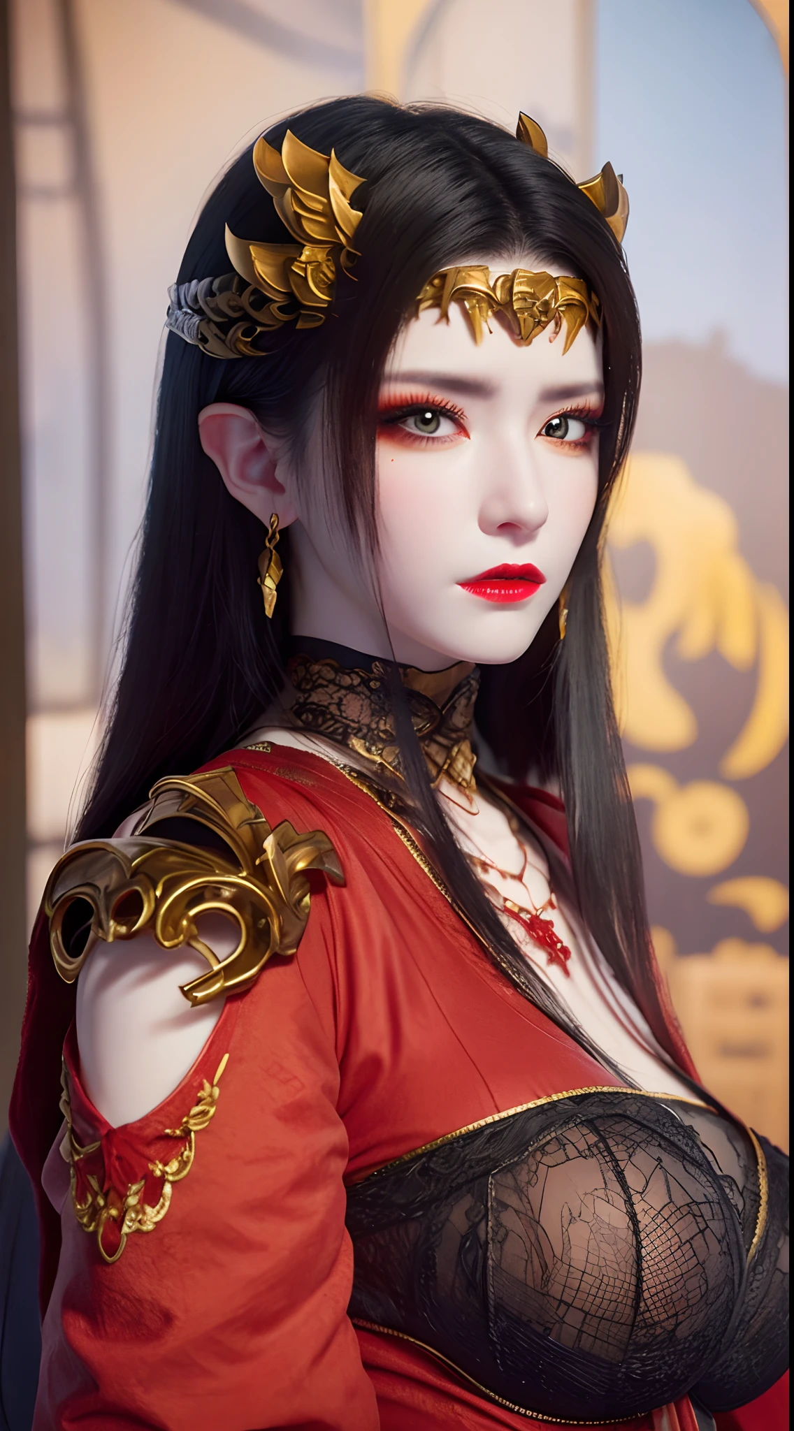 1 beautiful and seductive female devil, In the Dark: 1.6), surreal female portrait by David Hockney and Alphonse Mucha, fantasy art, korea doll, photorealism, dynamic lighting, artstation, poster, volumetric lighting, very detailed faces, 8k ultra, all body, Awarded, in the dark, deep shadow, low key, cowboy lens, (Red phoenix dress: 1.4), long hair, black hair, bust, luxurious palace, Royal style, devil crown, red eyes make up very sharp and detailed, The most beautiful face, big and regular breasts, Super realistic, chinese women's clothing, polo neck sweater, Charming smile, The eyes are very well made up, guweiz, devil style, loong, forehead mark, upper body, 2 bangs braided hair, Red lips, Devil tattoo on shoulder, wearing a thin red and black robe, the landscape is overcast and thunderous, Cover your hands with thin black gloves,