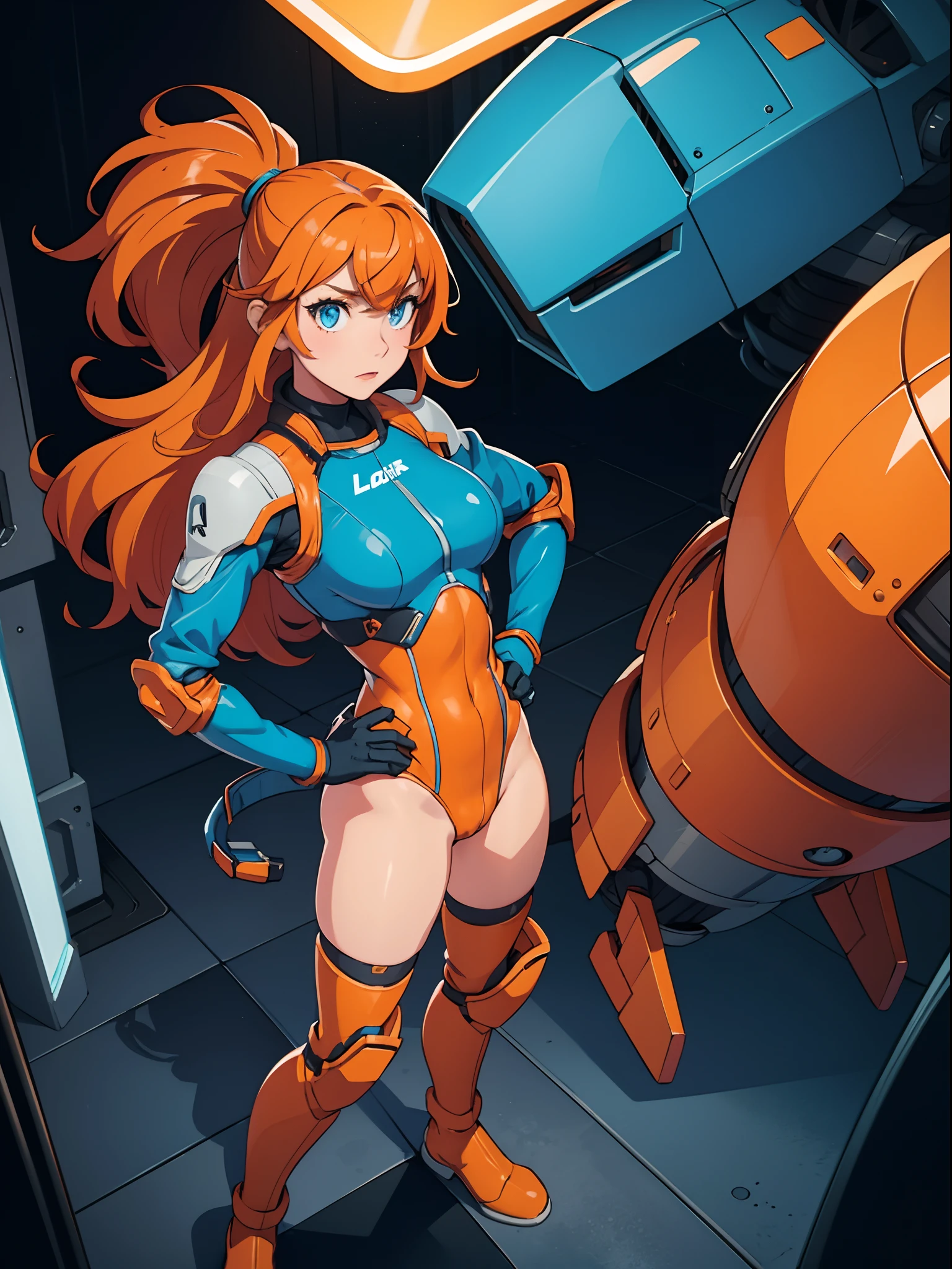 1girl, solo, leotard, bare legs, boots, dynamic standing pose, gloves, orange hair, blue eyes, glow, hands on hip, giant robot pilot