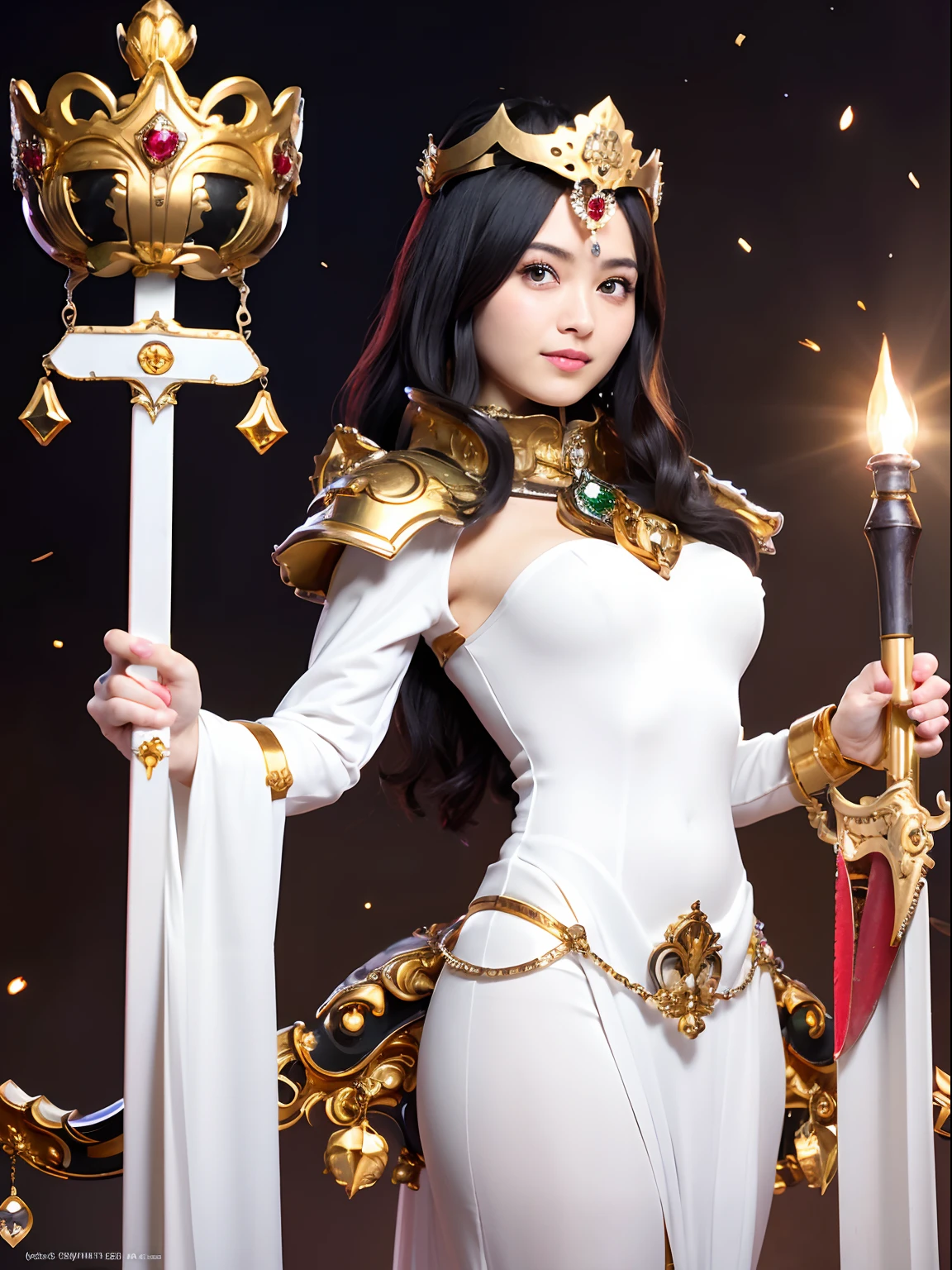 Professional , ​masterpiece、top-quality、photos realistic , depth of fields ,（Wind element），close-up，dream magical，tornado，Lightning，cleavage of the breast、（Gemstone Gold Jewel Body:1.６),(Matte White、Jewel Gold Weapon_、（Metal:1.４),Gorgeous Jewel Metal Weapons ,(( Detailed Sword of the Brave)) ,（Stand in front of the dragon）、（magic circles、Magic Chanting）、  Castle background  ,warhammer 40k ,,Wear a gorgeous jewel helmet with attention to detail、Brown hair、（(Gangle's forest background))、Beautiful Caucasian beauty、１a person、dynamic ungle,(((Legendary Armor Jewelry Helmet)))、Particles of light、cleavage of the breast、Battle Pose、Mystical expression、