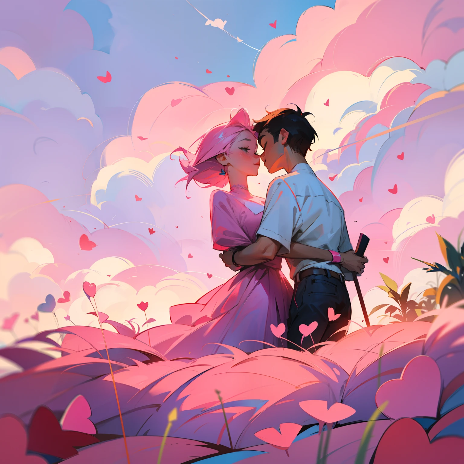 Illustration style, Valentine's Day,Cartoony,Love, couple, pink-sky,Pink plant accent,inner strength,Faraway view