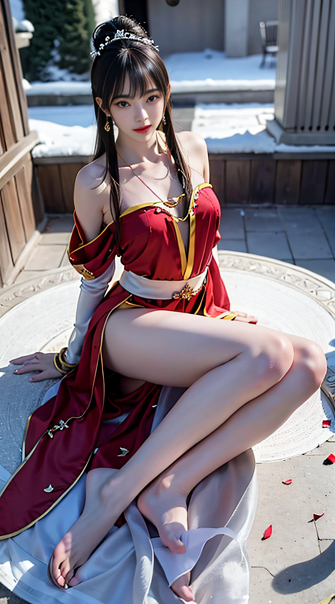 hyper HD,Delicate skin,Rich in detail,high high quality,Best Picture Quality,A high resolution,8K,A fiery red shirt was tightly tied up,Outline the graceful body to the fullest,Looks good,Graceful posture,Two jade-like arms,Two silver bracelets were draped over his silky mutton fat wrists,Snow-white skin,Beautiful legs slender,Willow waist and buttocks,She wears a pair of jade shoes,Ten delicate and small toes are playfully exposed。Phoenix eyebrows like the moon,A pair of bright eyes hooked the soul,The watery one seems to contain a thousand flavors,Pretty Qiong nose,Exhaling cherry lips,The white cheeks are very beautiful。Weak posture,It's like a willow,There is a tear mole the size of a grain of rice under the corner of the eye,It's even more feminine。