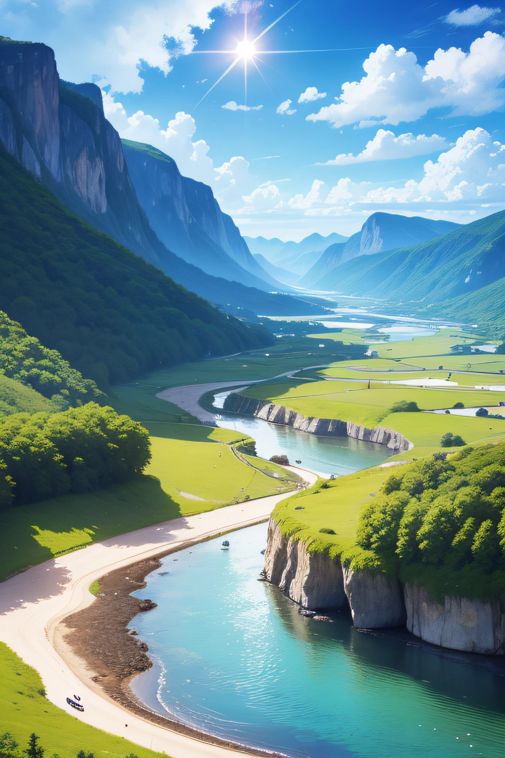 (masterpiece、high-level image quality、hightquality)、Heavenly Landscape、Glorious mountains々、Gently flowing river、The sun shines brilliantly、The sun is the expression of God、Heat is love、Light is wisdom、ln the forest、Spiritual Natural World、There is only altruism in the spirit world、Wild animals live freely、Great Spirit、A World of Mutual Aid and Faith、