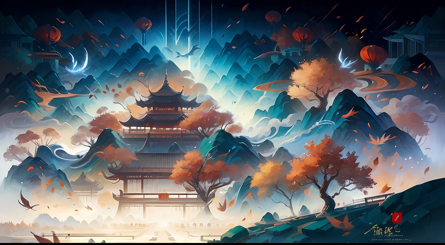 Chinese wind mountains, rios, Auspicious clouds, Pavilions, autumn night,teens girl, tmasterpiece, super detailing, Epic composition, hyper HD, high qulity, extremely detaile, offcial art, 统一 8k 壁纸, super detailing, 32k --auto --s2
