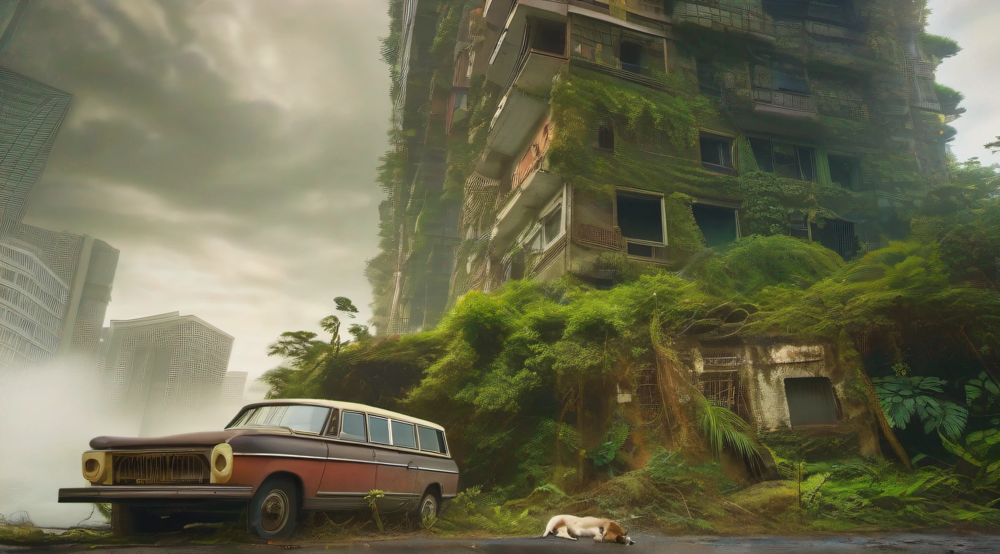 Forgotten skyscrapers swallowed up by the jungle、城市、Wagas、Scrapped、stray dog、Masterpiece、Photorealsitic
