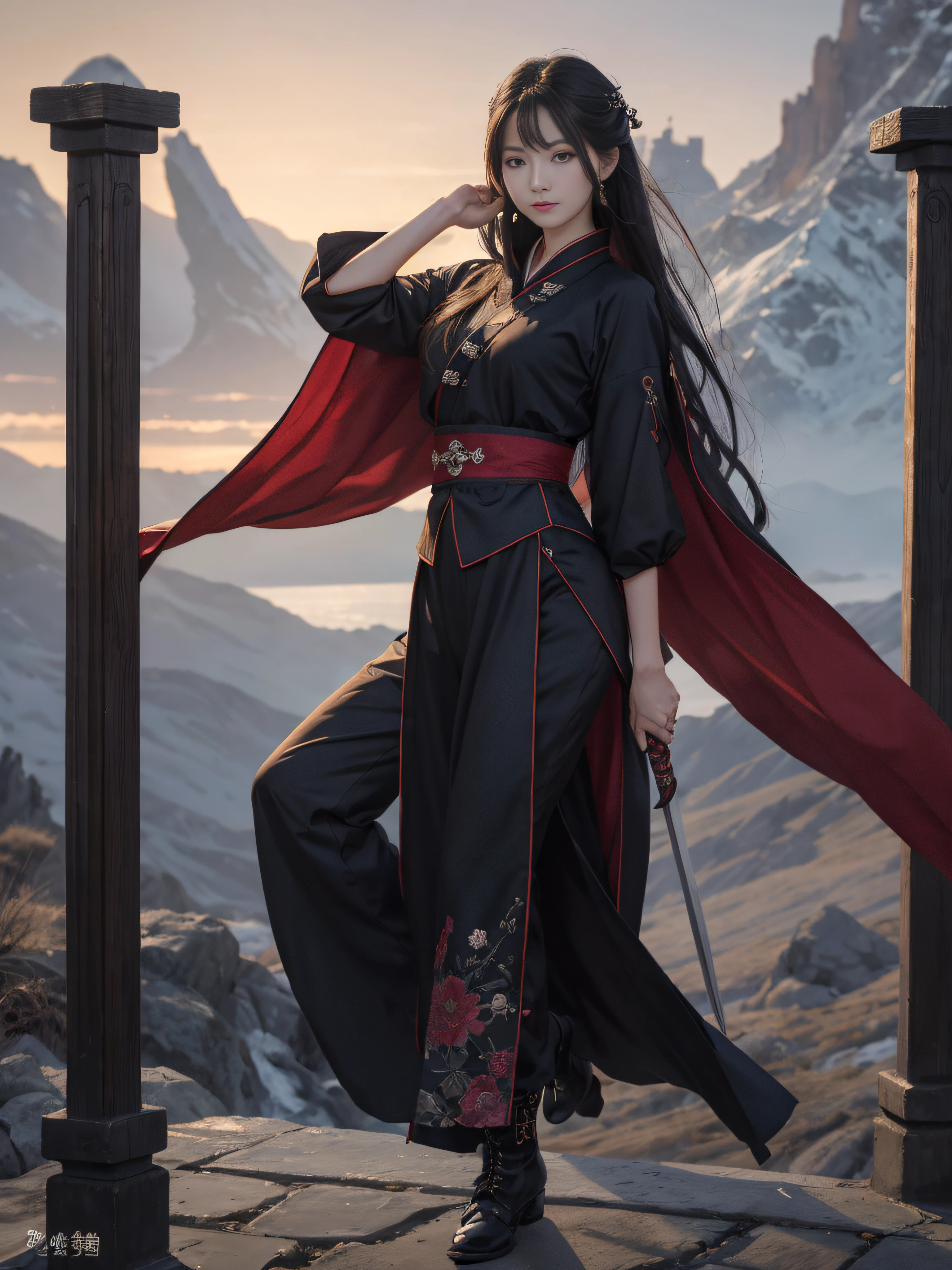 Royal sister,swordsmen,Big sister type,Oriental women,gallant woman,Cold sass,tmasterpiece,A high resolution,,Absolutely beautiful,,looking toward the viewer,frontage,(Wide buttock:1.3),(Thick legs:1.4),are standing,exquisitedetails,A high resolution,Wallpapers,1female,独奏,,enchanted、Raised sexy, cruel grin,ancient wind,Hanfu,,Black all over,dark,Wear long pants,Wear boots,embroidery, natural poses,standing on your feet, 6K,HDR,A high resolution,