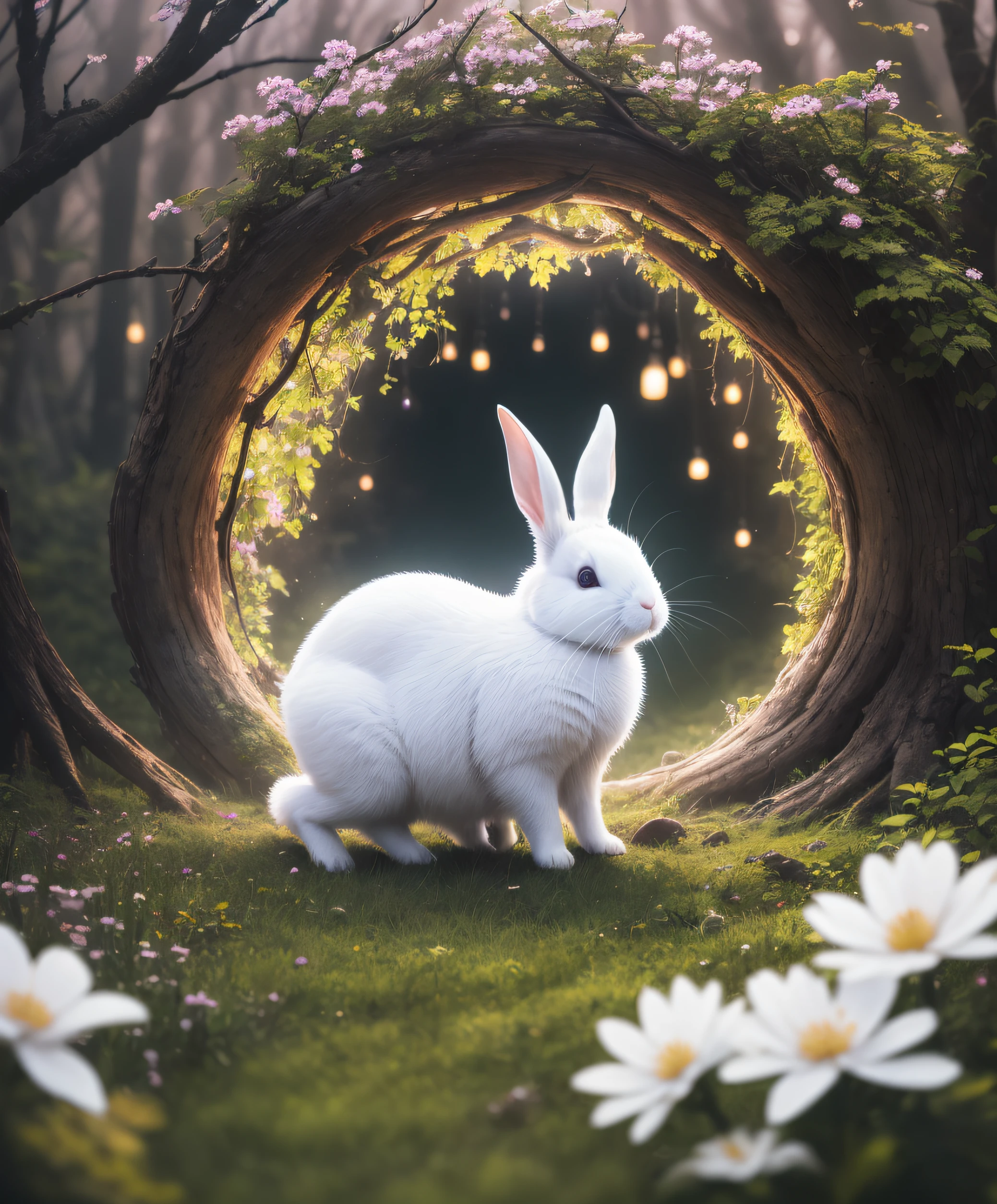 Close-up photo of a white rabbit in the Enchanted Forest,deep in the night,In the forest,Contre-Jour,glowworm,volume fog,Halo,blooms,Dramatic atmosphere,at centre,the rule of thirds,200 mm 1.4F macro shooting