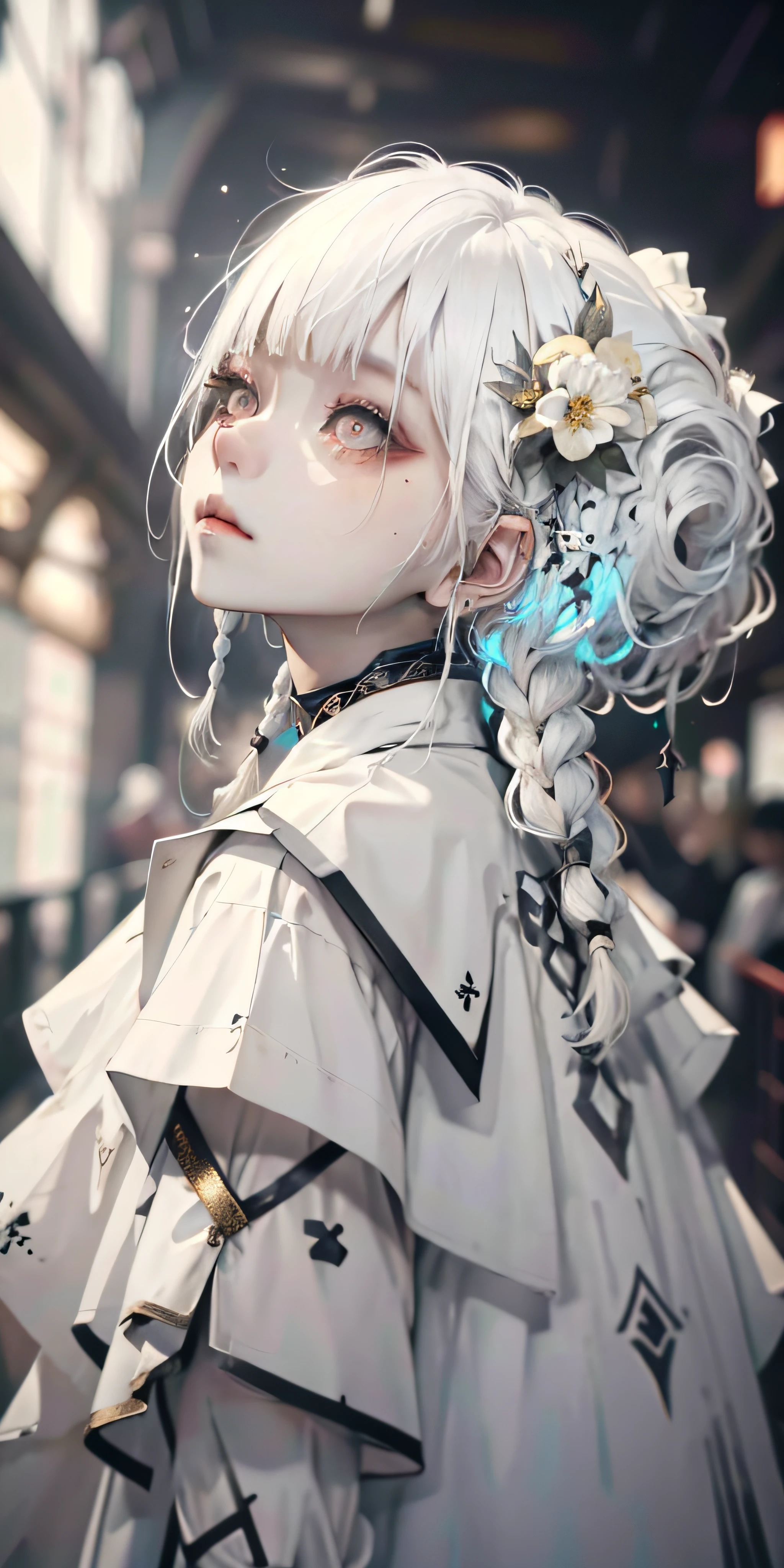 best quality, masterpiece,white hair, gold eyes,white clothes, looking up, upper body,hair strand,Fair skin,side braids