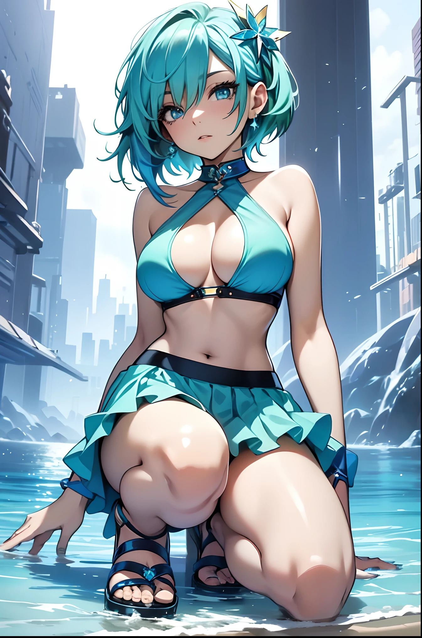 best qualityer,tmasterpiece,Ultimate resolution,downy,Extremely colorful,Colorful,waters,Sexy beauty,Short blue-green hair,blue bikini,huge tit,Crop topping,short skirt,Bare legged,(Kneeling pose),sandals,Blue manicure,Normal posture