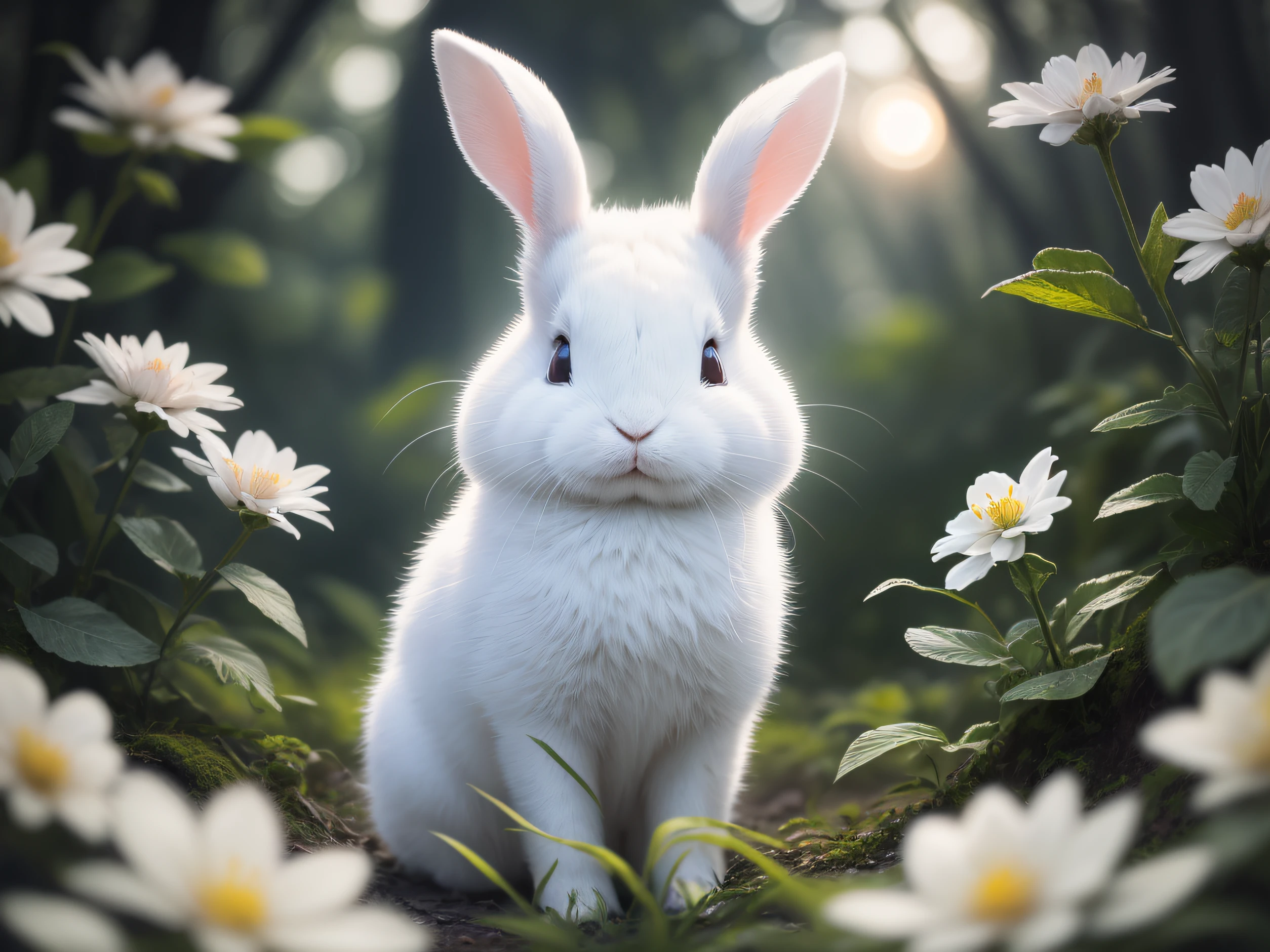 Close-up photo of a white rabbit in the enchanted forest,deep in the night,In the forest,Contre-Jour,glowworm,volume fog,Halo,blooms,Dramatic atmosphere,at centre,the rule of thirds,200mm 1.4F macro shooting
