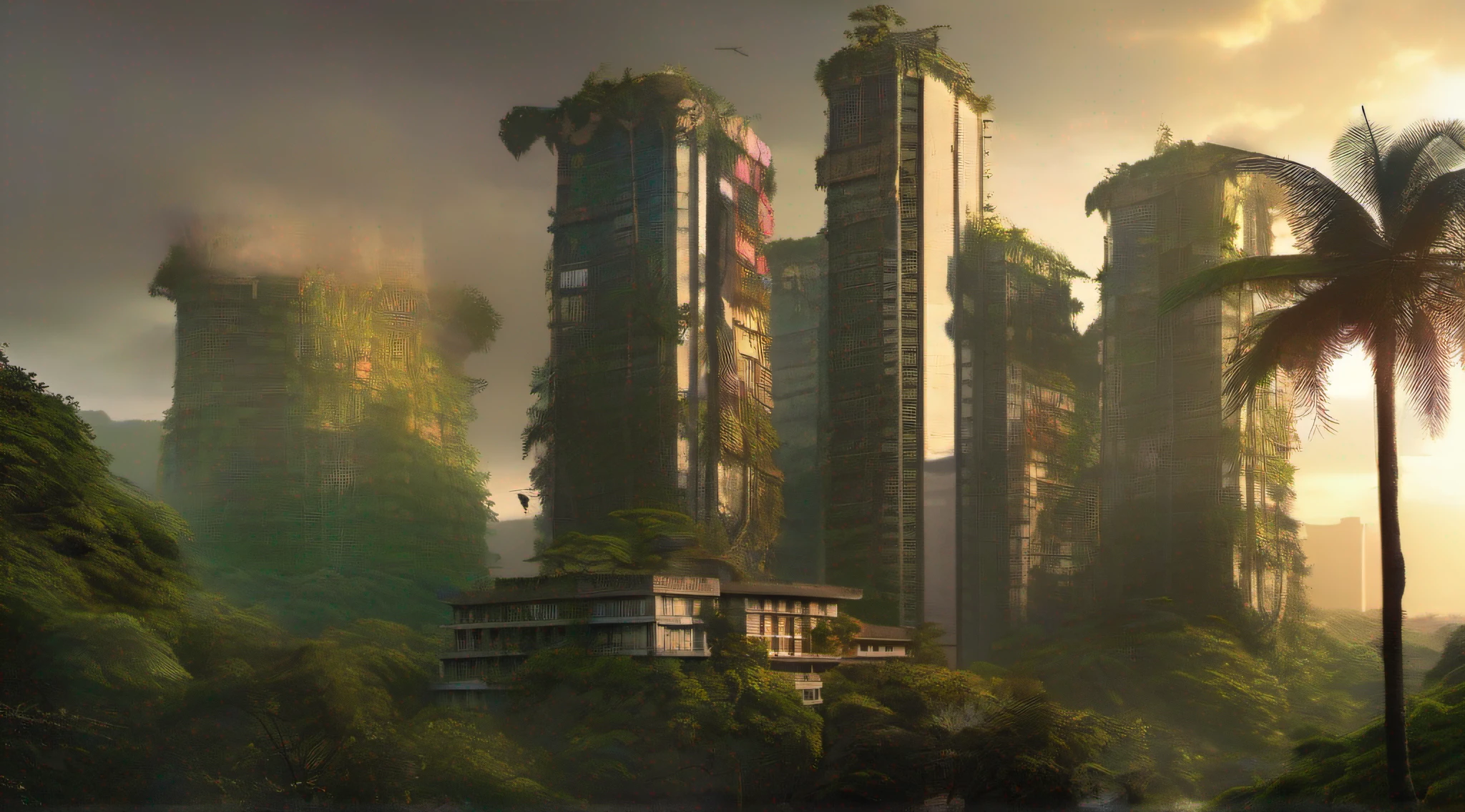 Forgotten skyscrapers swallowed up by the jungle、城市、Wagas、Scrapped、stray dog、Masterpiece、Photorealsitic