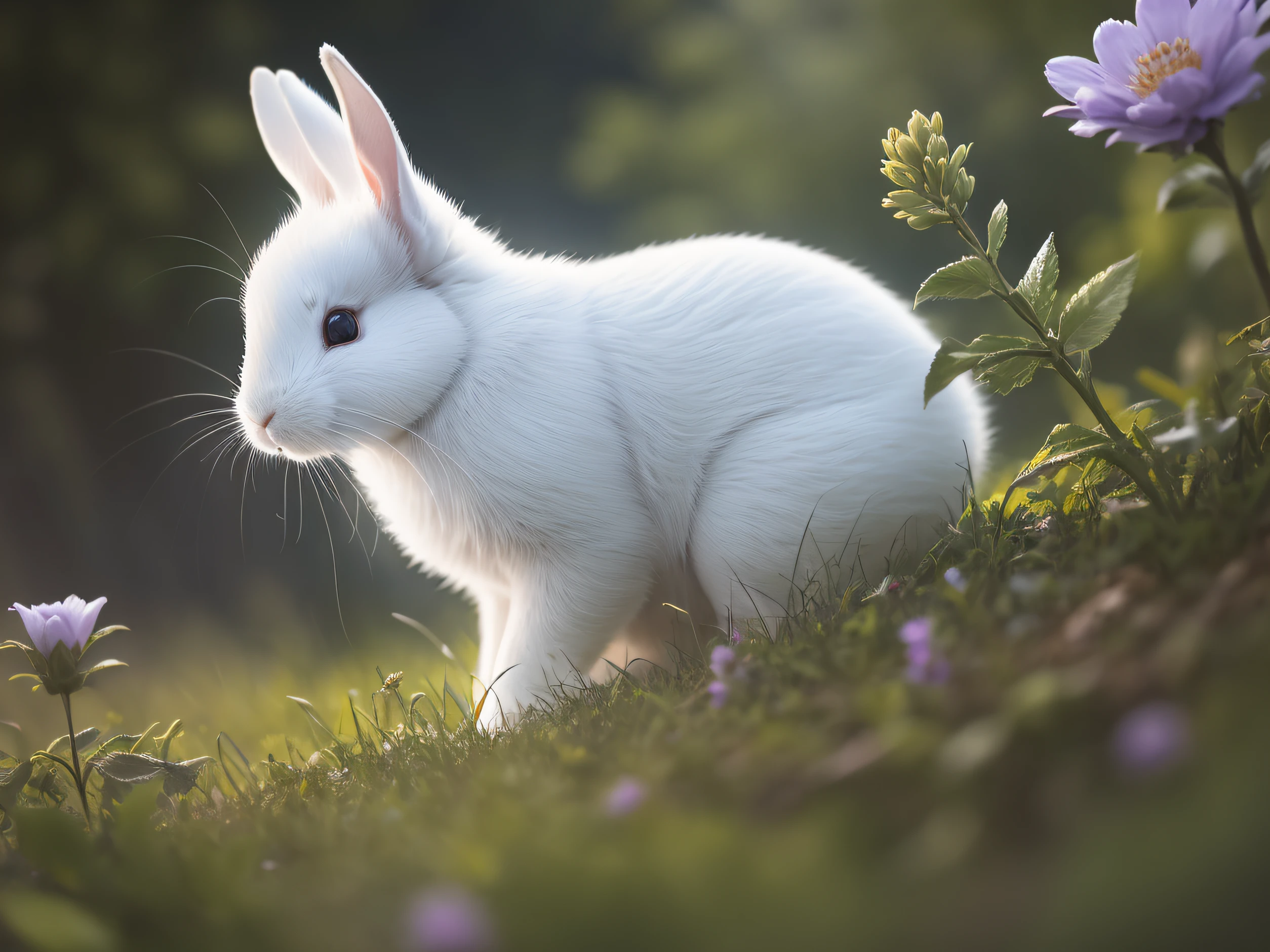 Close-up photo of a white rabbit in the enchanted forest，deep in the night，In the forest，Contre-Jour，glowworm，volume fog，Halo，blooms，Dramatic atmosphere，at centre，the rule of thirds，200mm 1.4F macro shooting