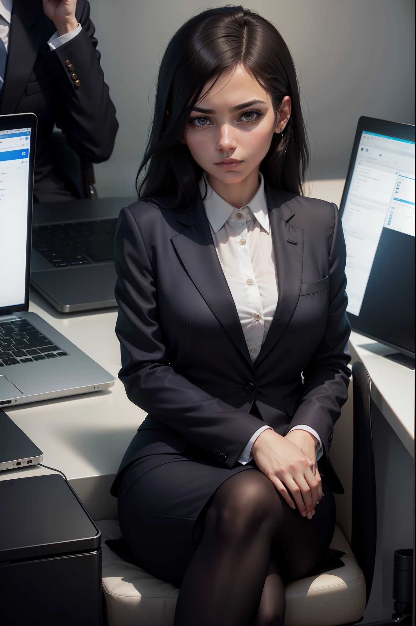 Reporter woman wearing dark suit sitting with laptop looking at camera