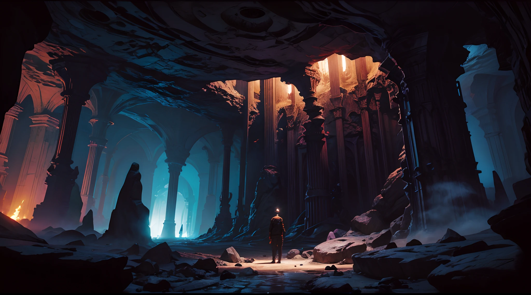 An explorer man inside a cavern. Inspired by Paul Lehr's style. dim lit. macabre. horror. dark. thousand columns. --s 1000