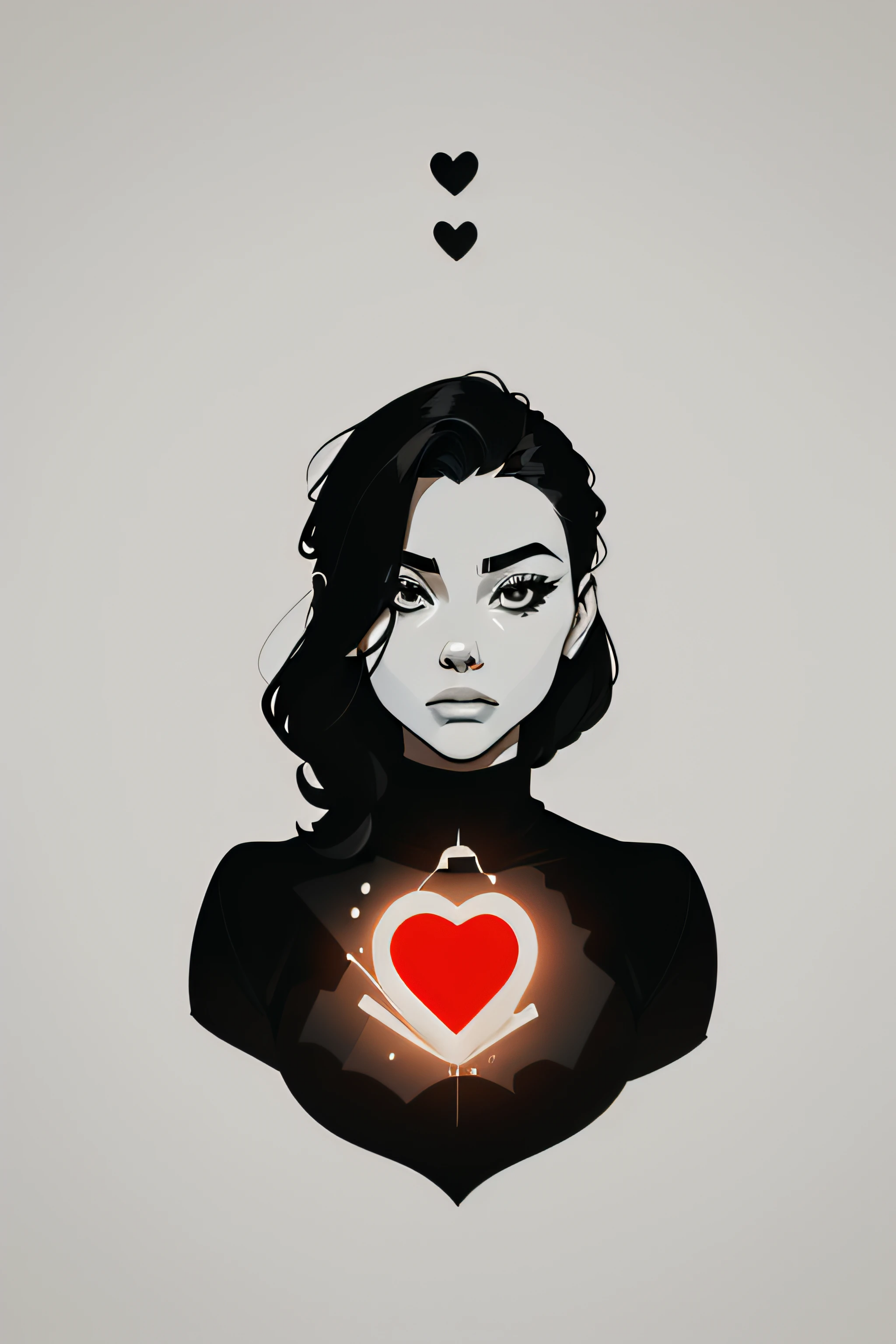 B/W, white lines, vector art minimalist illustration of an astronaut with twoo heart red ballons in the hand, magical, crisp, smooth, monochrome design, black magic splash, in the style of Studio Ghibli and Banksy street art, The the design must be in vector art. Use Adobe Illustrator for crisp lines and a simple but attractive look. Keep the design centered around the hero's eyes, capturing their uniqueness. Emphasize a low-poly style to add a touch of uniqueness. The overall aesthetic should be classy and elegant, black background