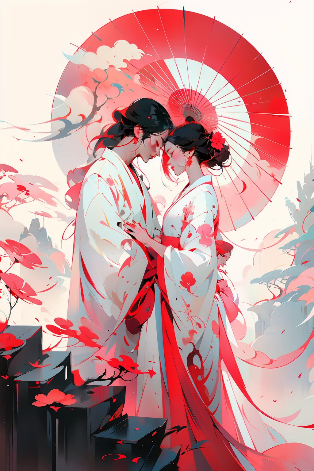 anime couple in kimono dress, nice face, perfect body, kissing under umbrellas, in front of red and white background, guweiz on pixiv artstation, guweiz, krenz cushart and wenjun lin, guweiz on artstation pixiv, artwork in the style of guweiz, flowing white robes, ross tran and bayard wu, onmyoji detailed art