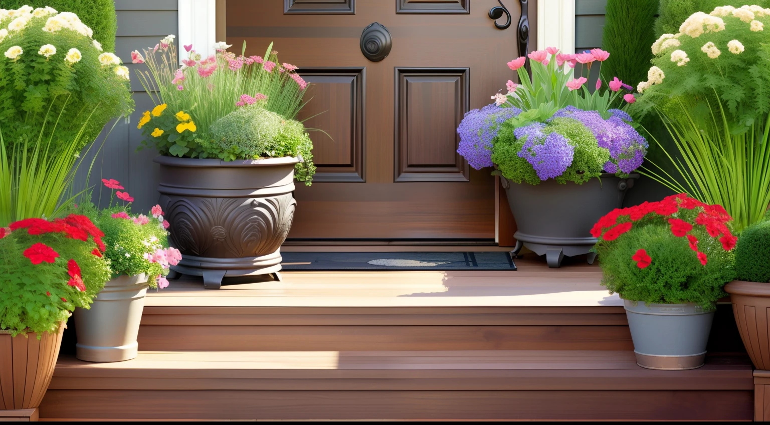 garden, fence, mailbox, letterbox, doorstep, door, front porch, porch, flower pots, pots, planter boxes, entryway, foyer, low stool, stool, garden bench, chair, butterflies, bees, flowers, water feature, wood hot tub, intricate background, stunning background, beautiful background, amazing background, no human, dark theme,