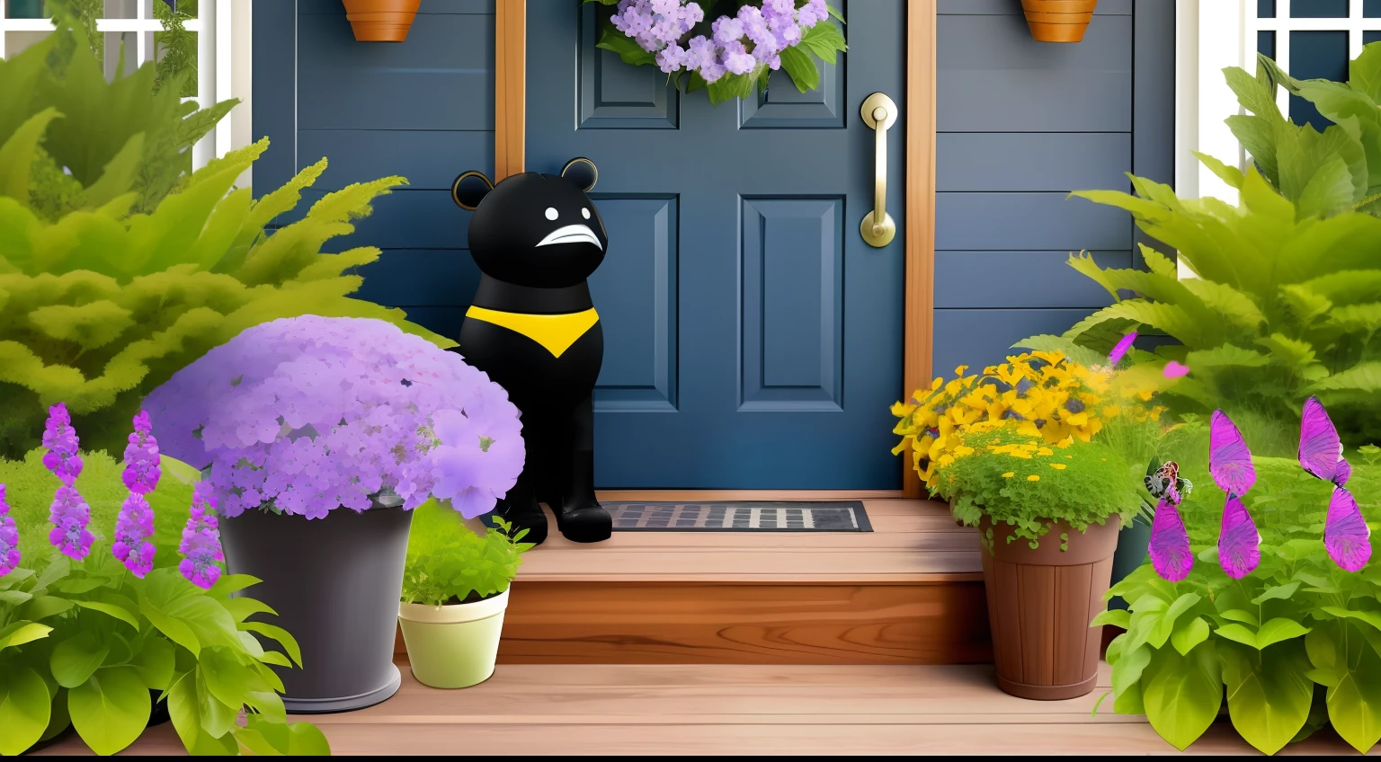 garden, fence, mailbox, letterbox, doorstep, door, front porch, porch, flower pots, pots, planter boxes, entryway, foyer, low stool, stool, garden bench, chair, butterflies, bees, flowers, water feature, wood hot tub, intricate background, stunning background, beautiful background, amazing background, no human, dark theme,
