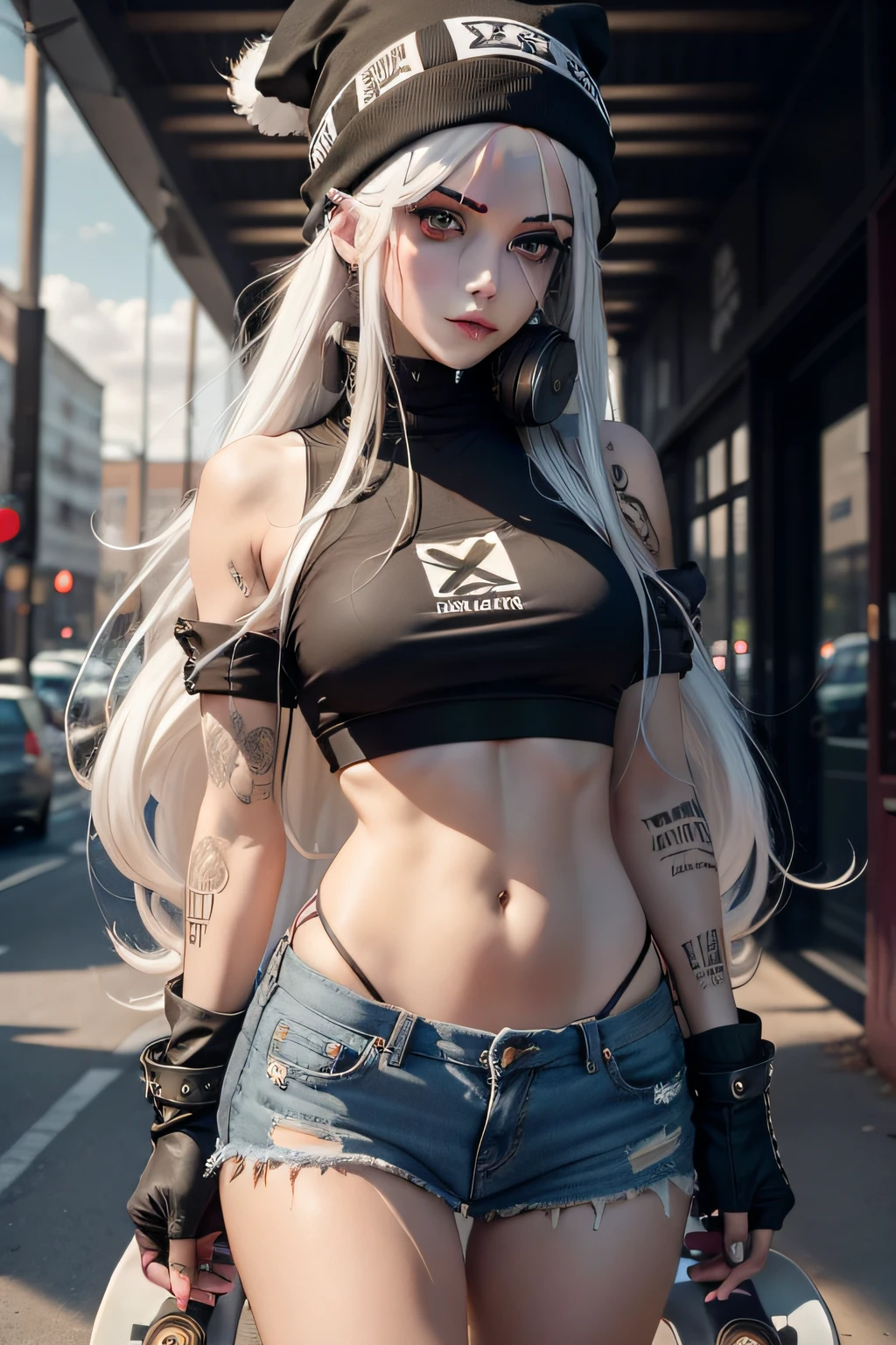 Beauty, ((Clothes damaged)), (((Shy))), ((Legs apart))), ((Sports Bra)), (Shorts), Full Body Drawing, Ultra Detailed, Master Artwork, Highest Quality, 8K Resolution, (Fine Details), ((Extreme Color))), Beautiful Eyes ((Two Side Up), (Detailed Engraving), White Stockings, ((Long White Hair, Messy))