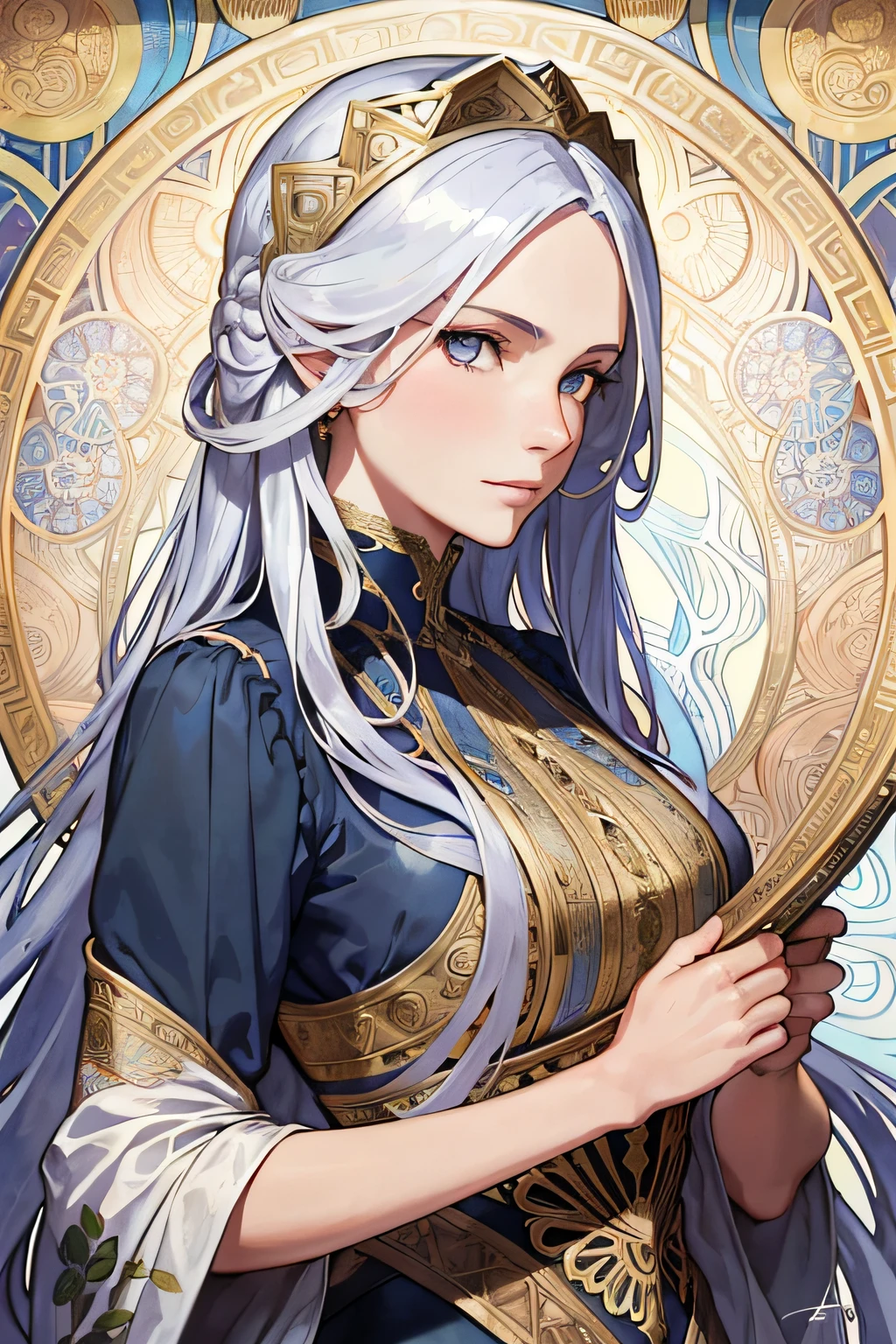 Facial portrait of a European woman，with long coiled hair，silber hair，blueneyes，Floral frame，Decorative panels，abstract artistic，Alphonse Mucha（tmasterpiece，best qualtiy，A high resolution：1.4），A detailed，complexdetails，4K，splash of color，line art，Fibonacci,