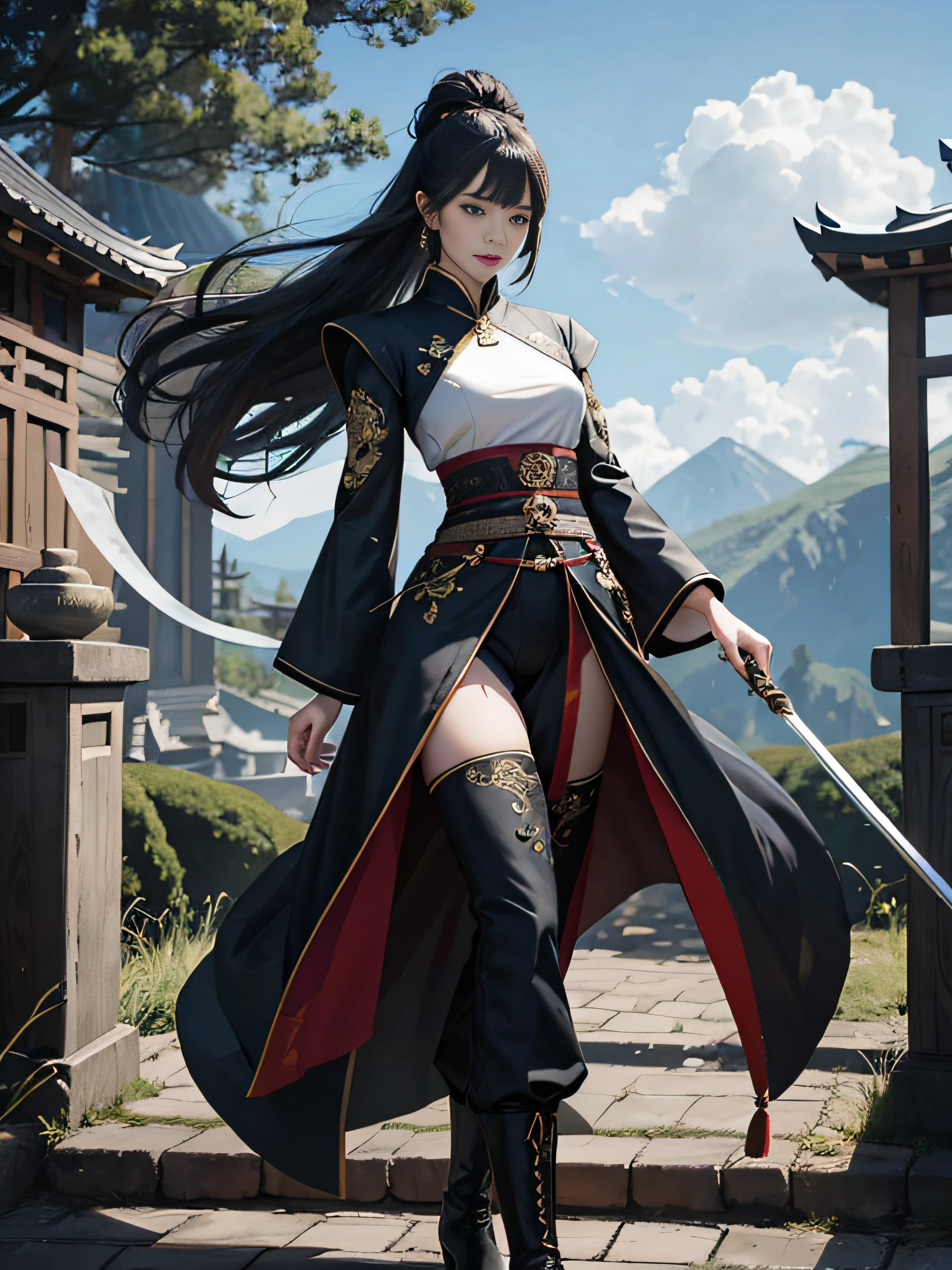 Royal sister,swordsmen,Big sister type,Oriental women,gallant woman,Cold sass,tmasterpiece,A high resolution,,Absolutely beautiful,,looking toward the viewer,frontage,(Wide buttock:1.3),(Thick legs:1.4),are standing,exquisitedetails,A high resolution,Wallpapers,1female,独奏,,enchanted、Raised sexy, cruel grin,ancient wind,Hanfu,,Black all over,dark,Wear long pants,Wear boots,embroidery, natural poses,standing on your feet, Fanning,16K,HDR,A high resolution,depth of fields,Bocoon,prime time,Vignette,rainbowing