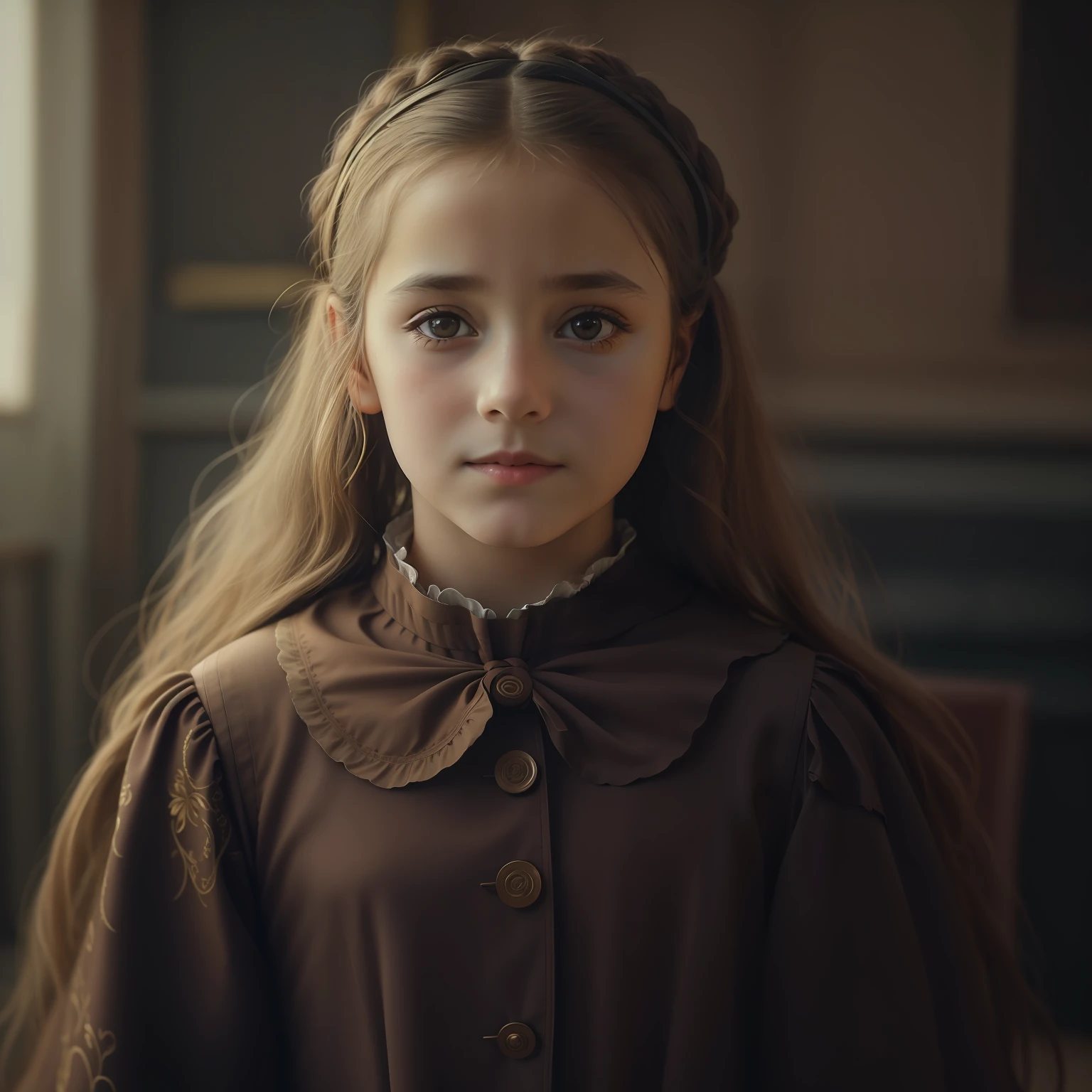 There's an 8--old l with long hair wearing a brown dress, Joyrealistic photo and colors of the nineteenth century, menina italiana, cinematic