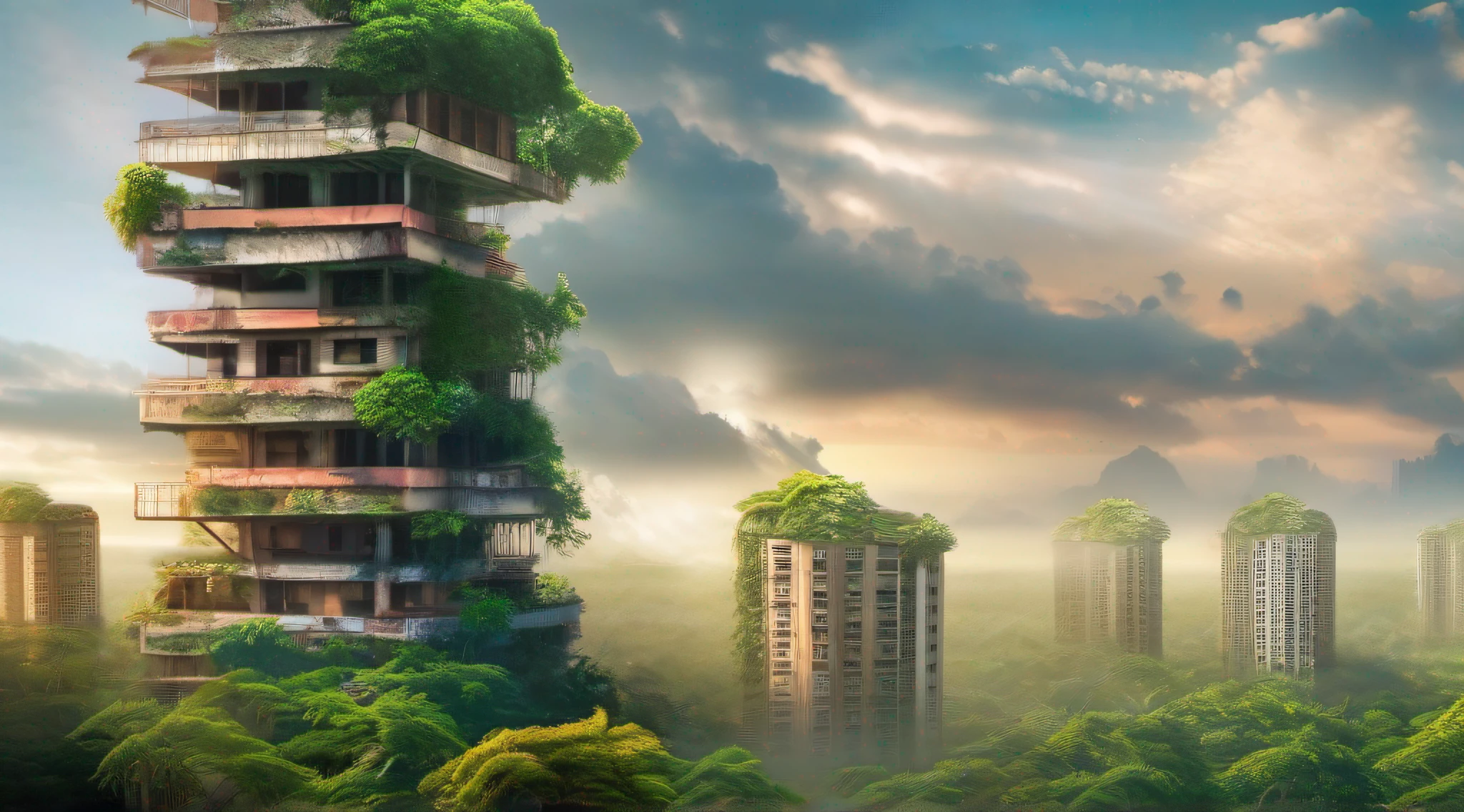 Forgotten skyscrapers swallowed up by the jungle、城市、Wagas、Scrapped、stray dog、Masterpiece、Photorealsitic