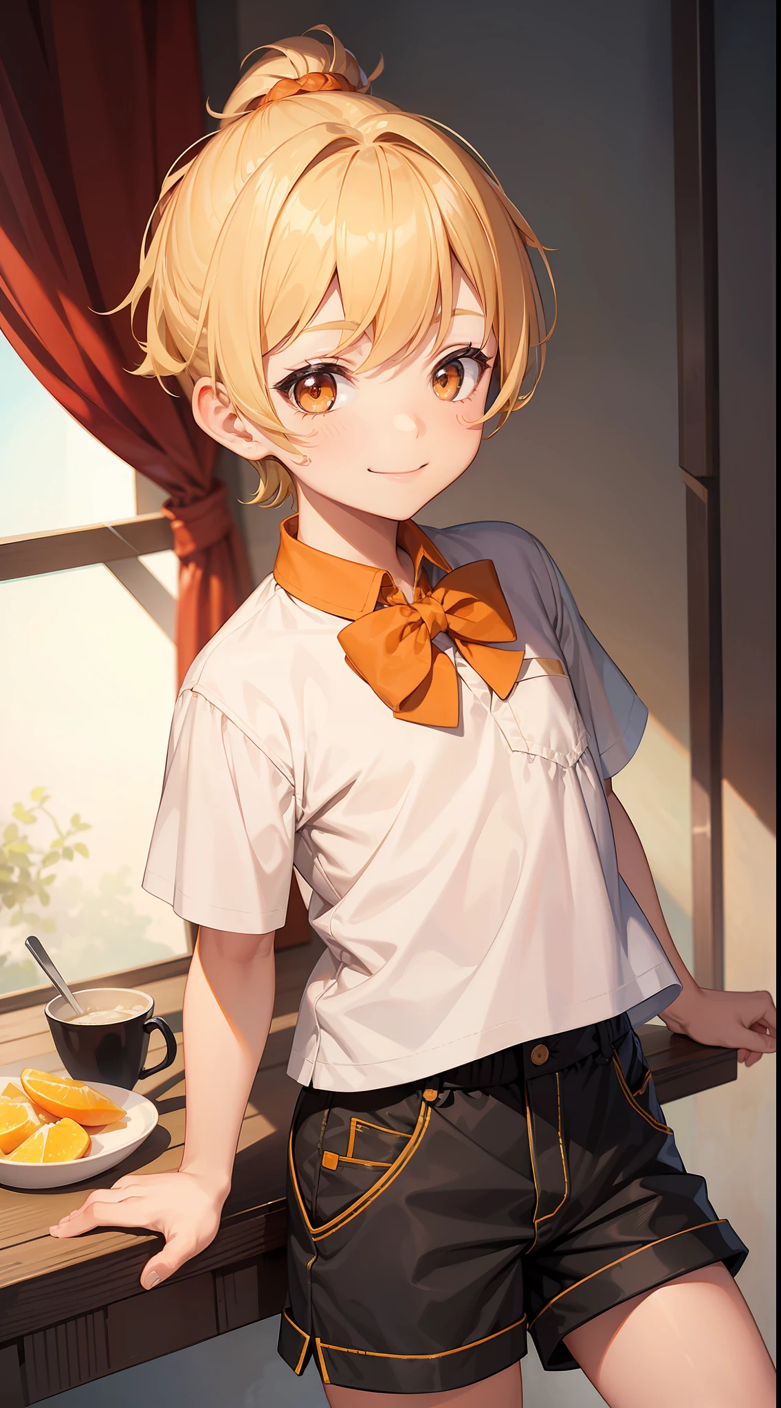 , short blonde hair, high ponytail, Orange Eyes, Smile, Aristocrat's shirt, Shorts, Masterpiece, hiquality