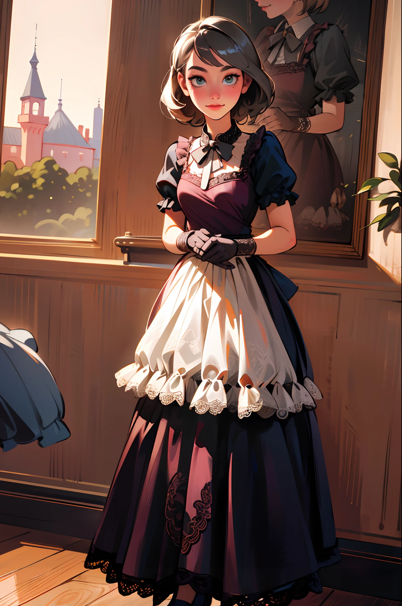 1girl,solo,full body, best quality, ultra high res, (photorealistic:1.4), masterpiece, highres, original, extremely detailed wallpaper,  for the group on the theme of housewife and tips, , 1950s, 1950s women, styled hair, bow blouse, high waisted skirt with petticoats, shy smile, collar, lace, apron, lace gloves, (detailed and beautiful face and eyes), indoors, house, tea party decor,