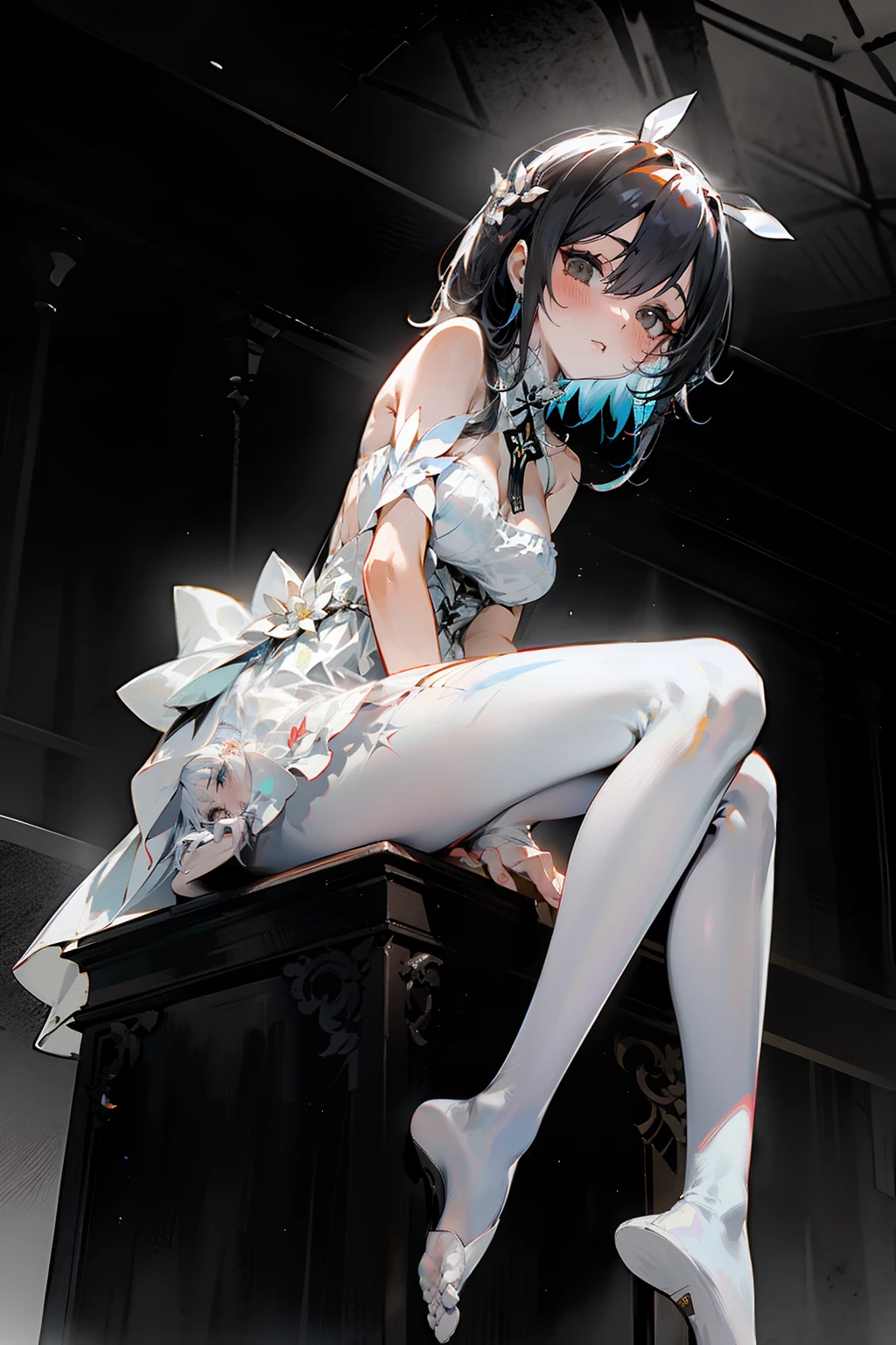 indomitable\(azur lane\), \(origen\),white_dress,indoors,from below, looking at viewer, blush, sitting, foot focus,arms at sides, masterpiece, best quality, extremely detailed face, sharp details, high contrast,