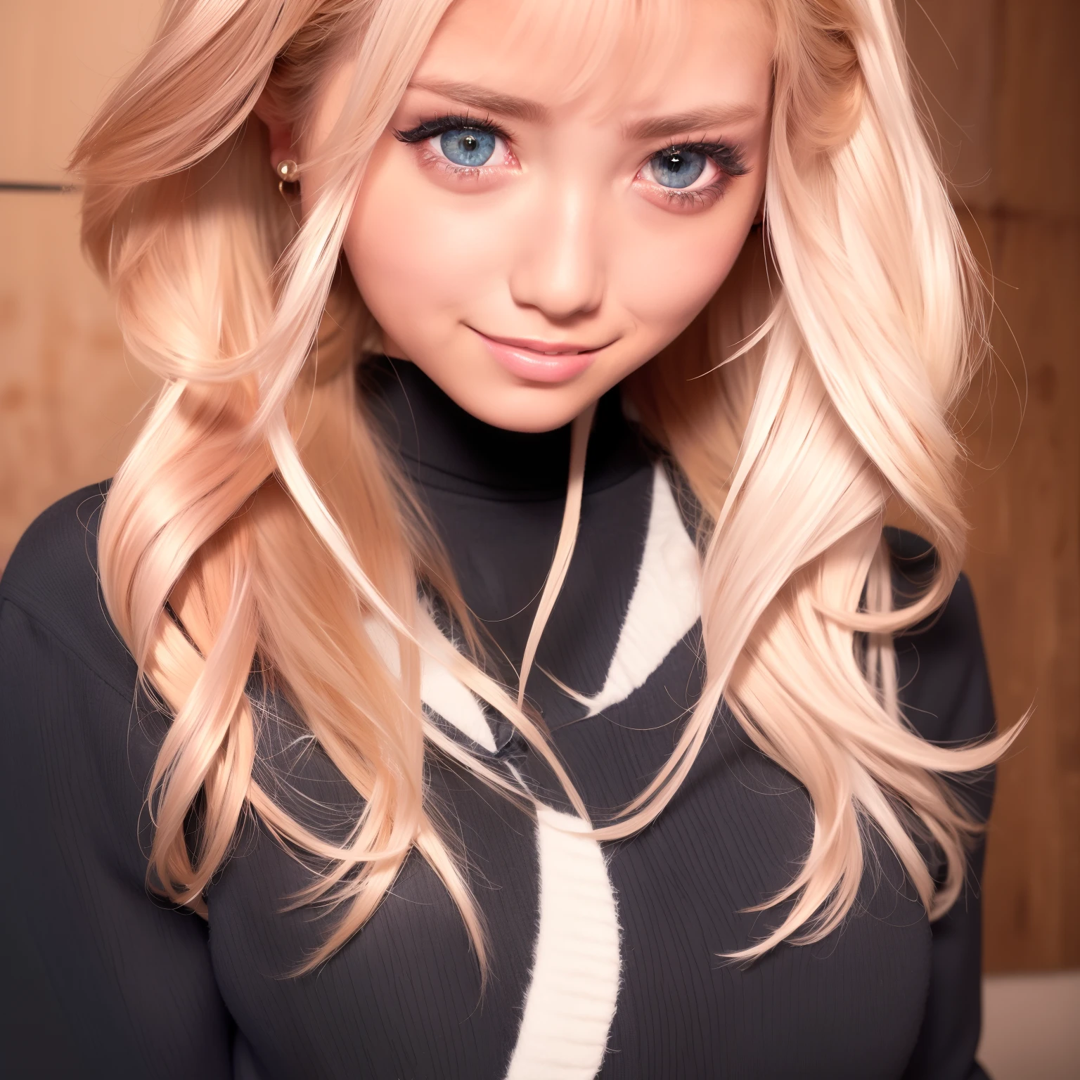 8K,The ultra -The high-definition,top-quality,​masterpiece,masuter piece,Photoreal Stick,(女の子1人:1.2),a blond,Beautiful facial features,big eye,skin tanned,hi-school girl,(close-up of face),smile,(No pause)