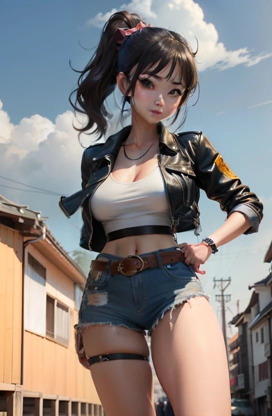 Little devil smile、Gal face、hyperdetailed face、Large, Clear eyes、Photos of bad gals((top-quality、8K、masterpiece:1.3))、full body Esbian、focus clear:1.2、Excellent style:1.4、masuter piece、(Realisticity: 1.2)、(Photorealsitic:1.37)、
realisitic、realisticlying、Raw foto、hyperdetailed face(Brown ponytail、Cute Japan gal face、Idol's smile、hyper detailed background(blue-sky、In town、)、Ultra-detailed costumes(Leather jacket、Sheer tank top、a belt、Taut denim shorts)、Detailed body(large full breasts、Carnal thighs)、Detailed skin、Dynamic Poses、A tall、
