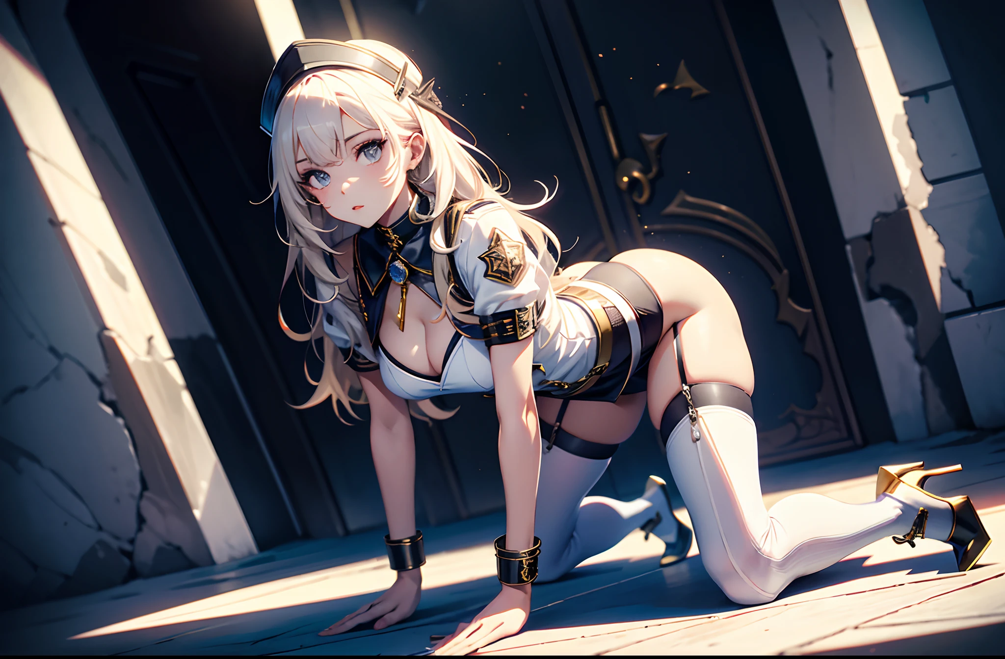 best qualityer,tmasterpiece,Ultimate resolution,downy,Extremely colorful,stewardess,(Beauty severed head),Normal posture,Redlip,Collar,Kneeling pose,(Point at you with your ass),shackle,behead,guillotine,behead,Collar,handcuff,Anklets,(white stockings),high-heels,Normal posture