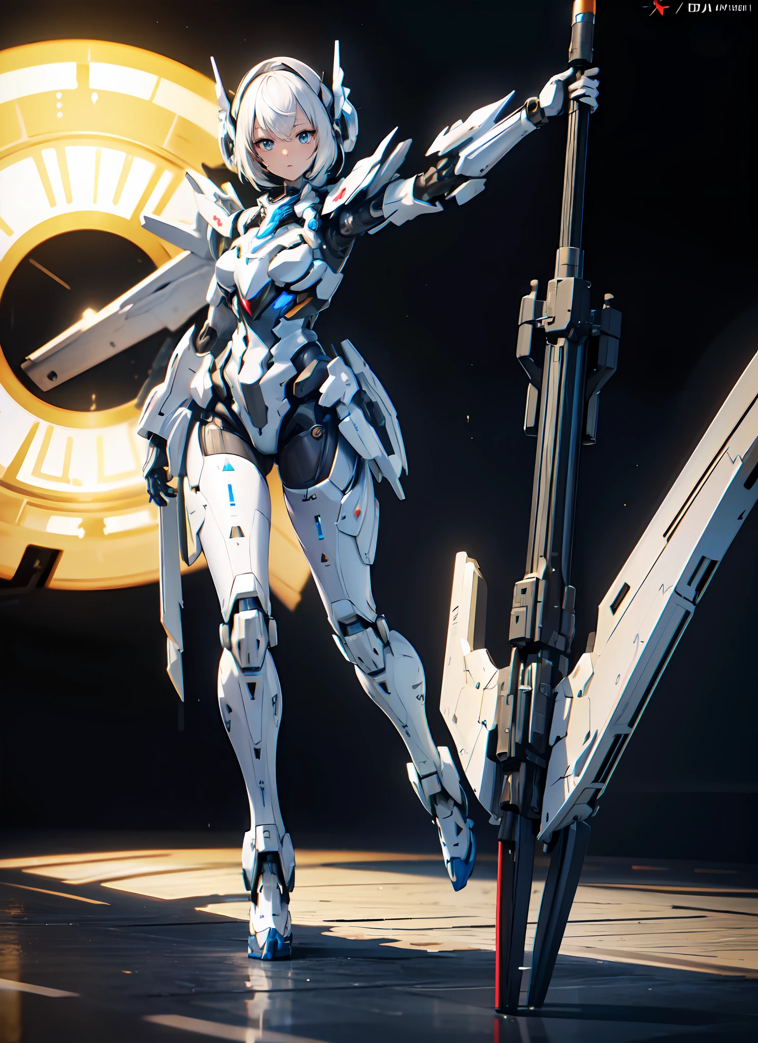 (beautiful mechanical girl), solo, textured skin, mecha, unmanned, (full body), (white mech: 1.5), (axisymmetric: 1.4), (HDR), (movie light: 1.1), science fiction, (Holding a huge weapon: 1.5), holding an oversized shield, Masterpiece, best quality, captures a super cute moment, depth of field, ultra detailed, ultra high resolution, C4D, Octadale, 3D modeling, 8k, 16k,