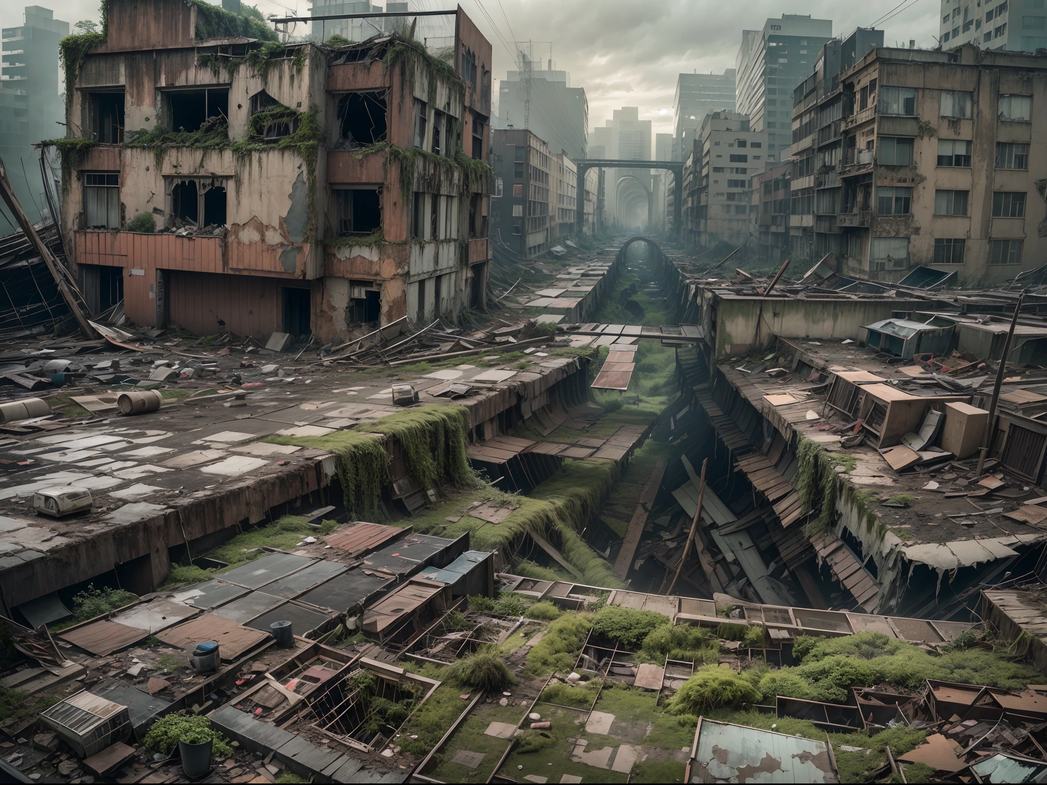 Extended view of an eerie and desolate cityscape, with overgrown moss, layers of dust covering the streets, dilapidated buildings, a collapsed bridge, and a gloomy gray sky.