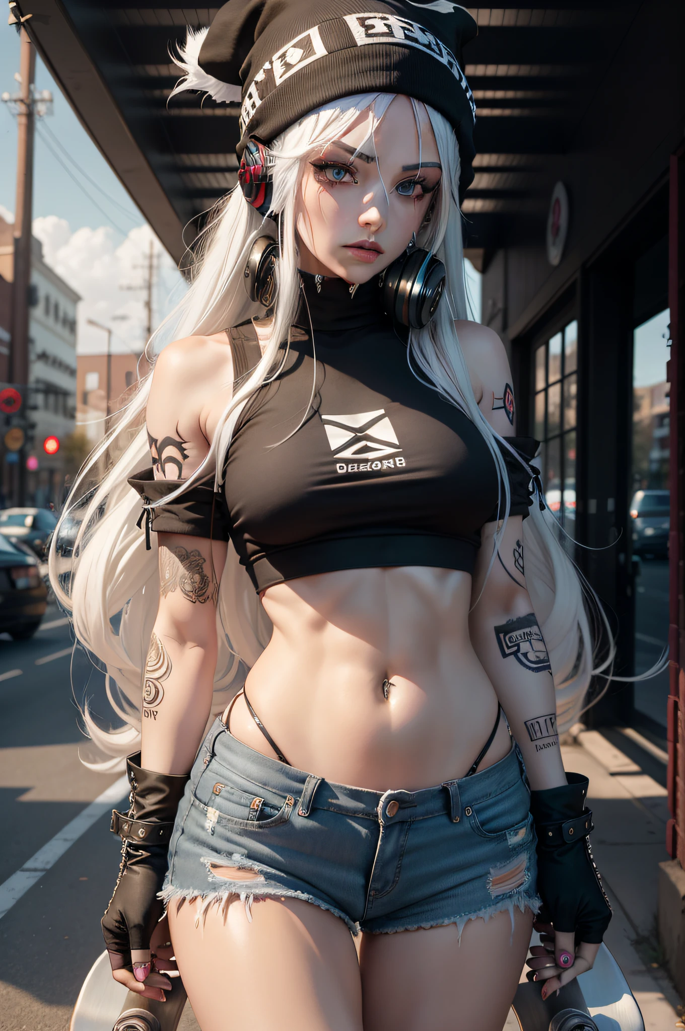 (beste-Qualit), (tmasterpiece), ((Close-up of a girl in a T-shirt and shorts)), 1girl in T-shirt and shorts, ((bare buttocks)), androgynous vampire, junji ito 4 k, with long gray hair, ito junji art, style of junji ito, portrait of sadako of the ring, Gentle androgynous princess , Beautiful androgynous princess, Streetwear, ((with her long white hair:1.5)), stocklings, (big yellow eyes:1.3), fangs, detailing, (generous cleavage), Burst breasts, extra high resolution, 8K, (The blood on her lips runs down her neck), (Lovely Medium Breasts), perfect anatomy, (shapely body), Microthongs, Beautiful slender legs, sexypose, (hands in pocket:1.2), (Looking down), (The gaze is directed downwards), (Night Sky Background: Red Moon)