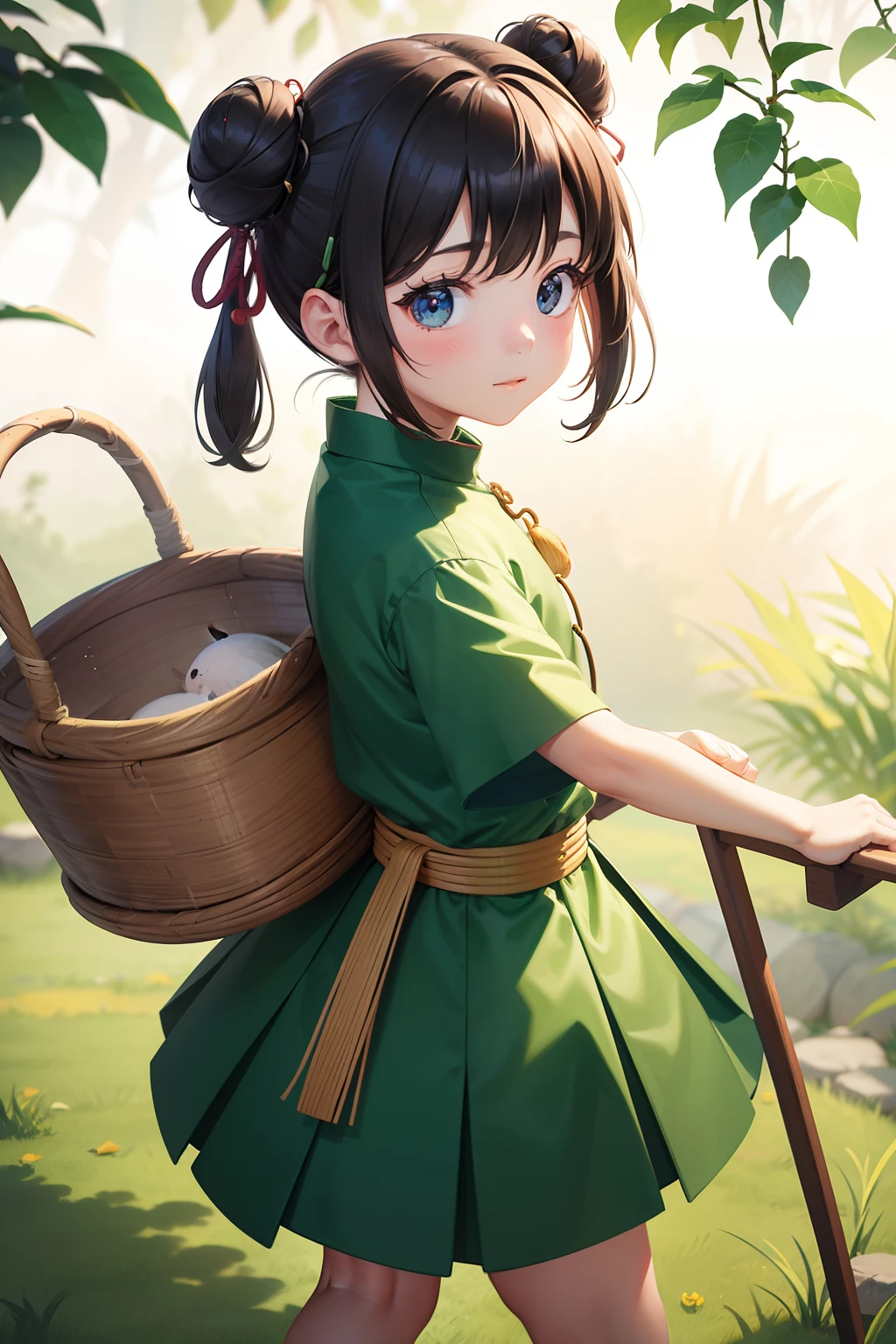 8 girl,Wearing green Chinese modern minimalist clothing,Cute expressions,Big round eyes,Cute little mouth,Two hair buns,Large leaves grow on the back of the head,She was carrying a small back basket,style of anime,shuimobysim , Traditional Chinese Ink Painting,Super cute and delicate CG illustration,Ultra-detailed and ultra-high image quality,Best lighting