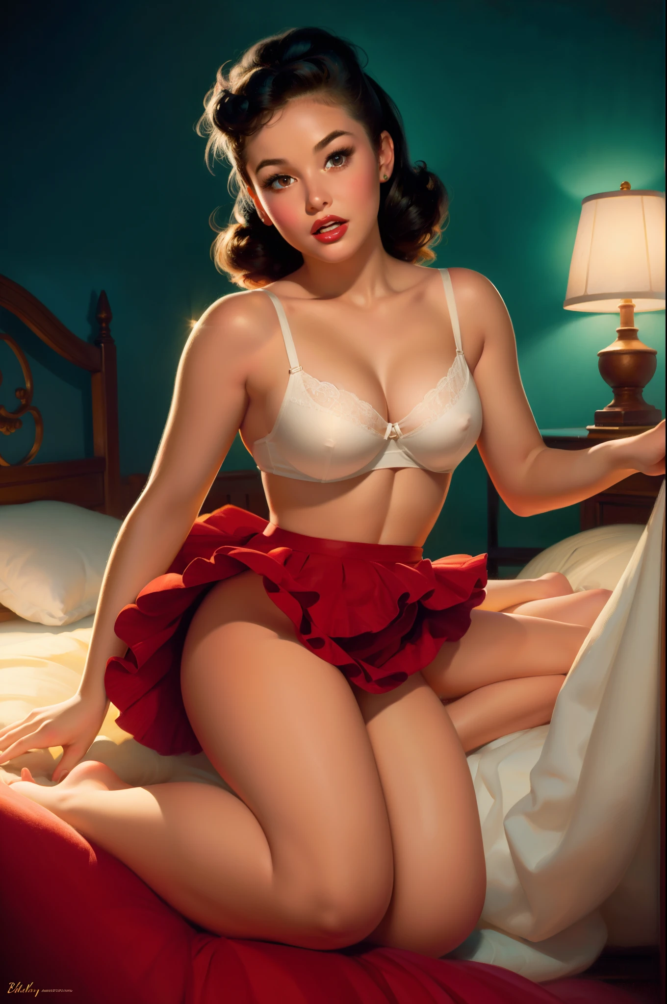 20 years old Girl sitting on the bed ,No Bra, No Panties, medium breast, shining skin, dramatic lighting, pin up style, sexy, surprised, up skirt, flowing skirt, colorful , masterpieces, illustrated, shining skin, detailed face, Medium breast. tight body. Illustrated BY BILL MEDCALF.