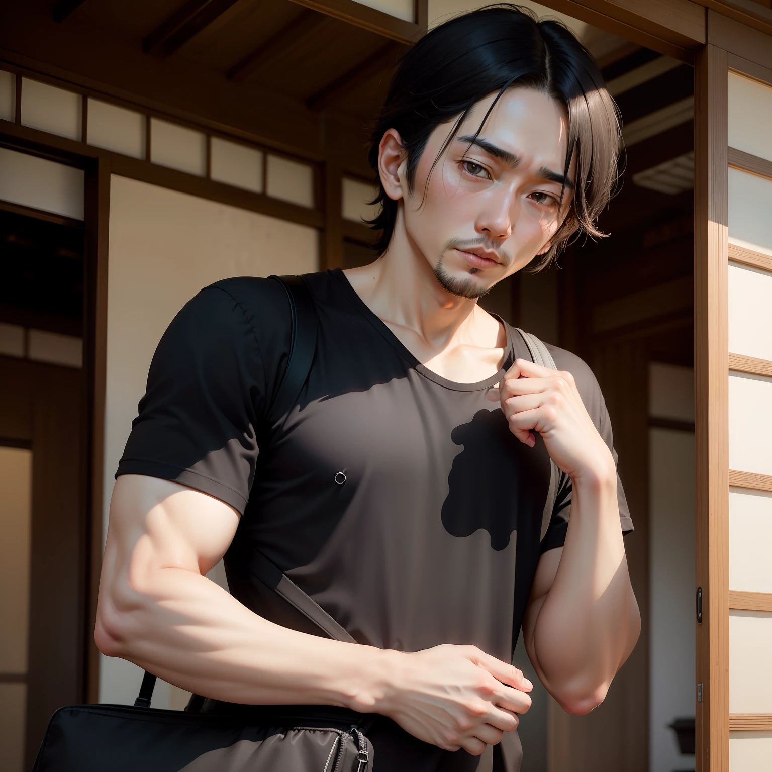 With droopy eyes in Japan man in his 20s、Man with an unfamiliar expression。Figure in a black shirt。