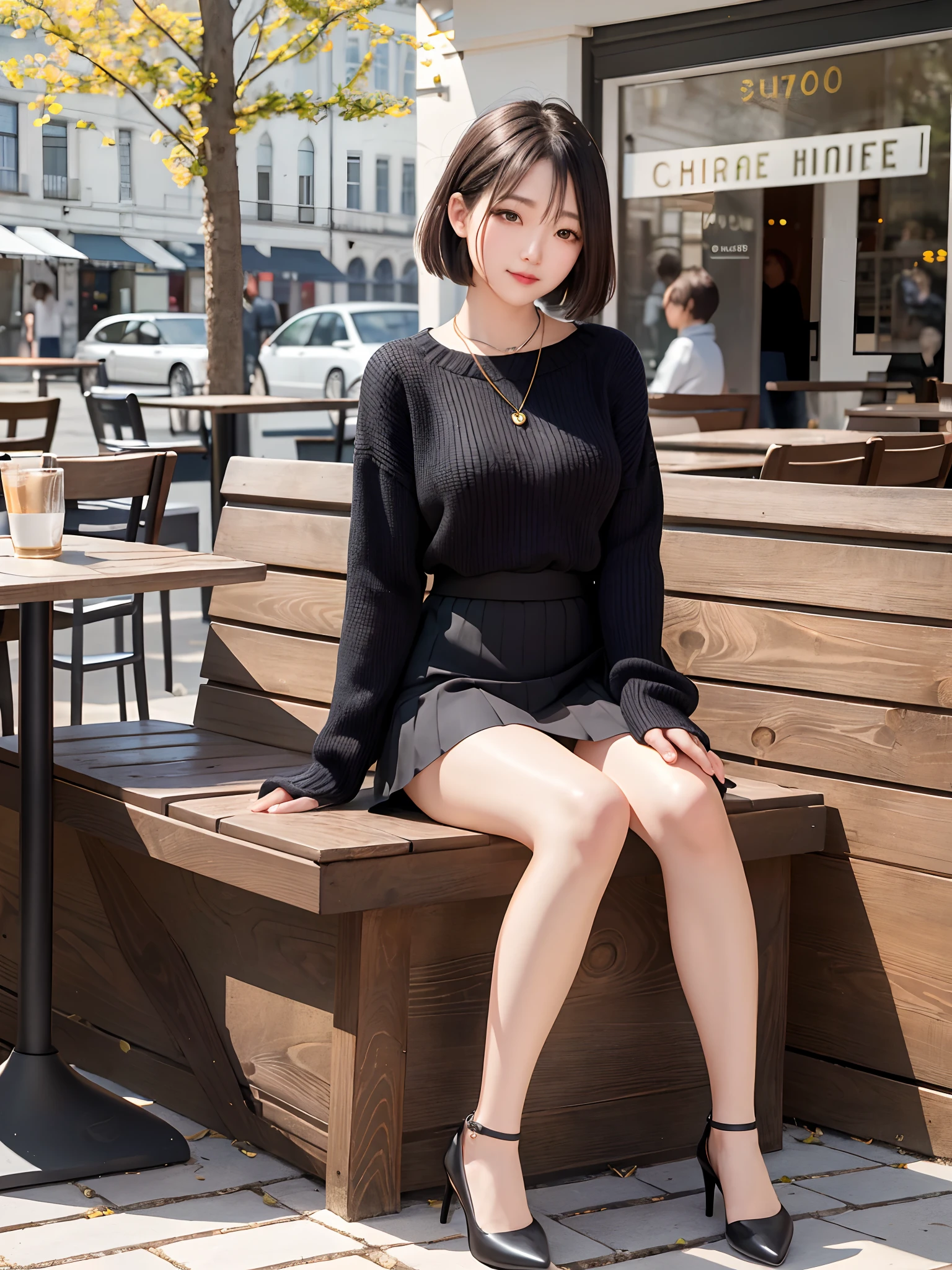 8k uhd, dslr,film grain, Fujifilm XT3,(best quality:1.3), (masterpiece:1.1), high resolution, cinematic light, intricate details, (photorealistic),outside,beautiful outside,sunny,
korean girl,(in cafe:1.5) , dimples, bobcut, looking at viewer, detailed trees, ribbons, bowties, bare shoulders, ribbed sweater,
pencil skirt, high-waist skirt, head rest, sitting, indoors,
necklace,black pantyhose, sheet transportation sweater, (smile),(full body:1.6),slender,